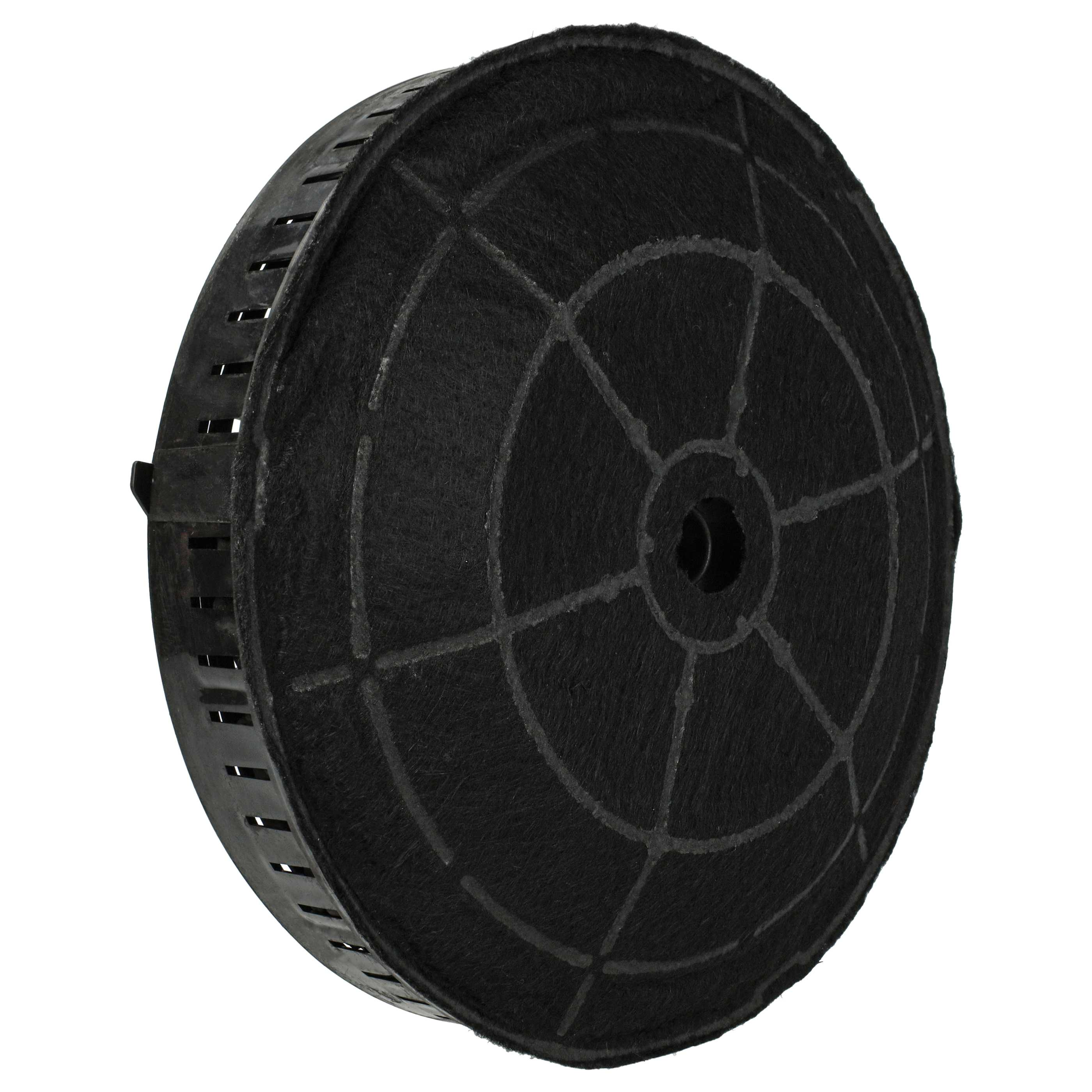 Ein runder, schwarzer Aktivkohlefilter mit gitterartigem Design. Der Filter hat eine zylindrische Form, mit weißem Hintergrund.