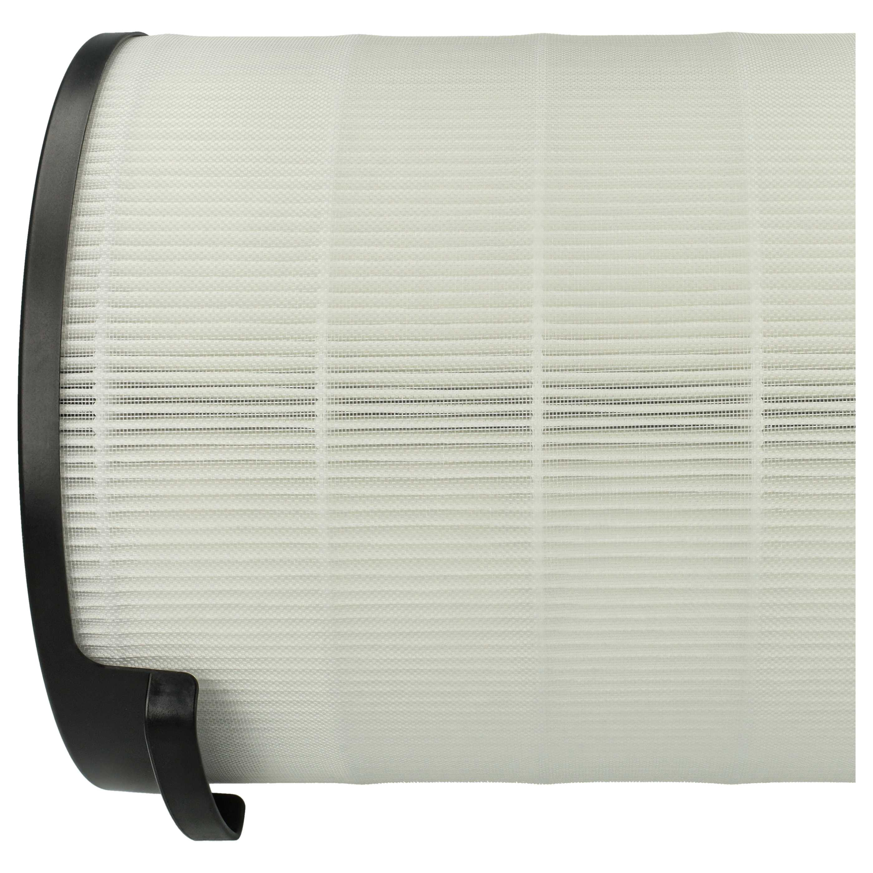 Ein weißer zylindrischer Filter mit schwarzem Rahmen. Der Filter hat ein Netzmuster. Der Rahmen ist gebogen und hat einen Haken.