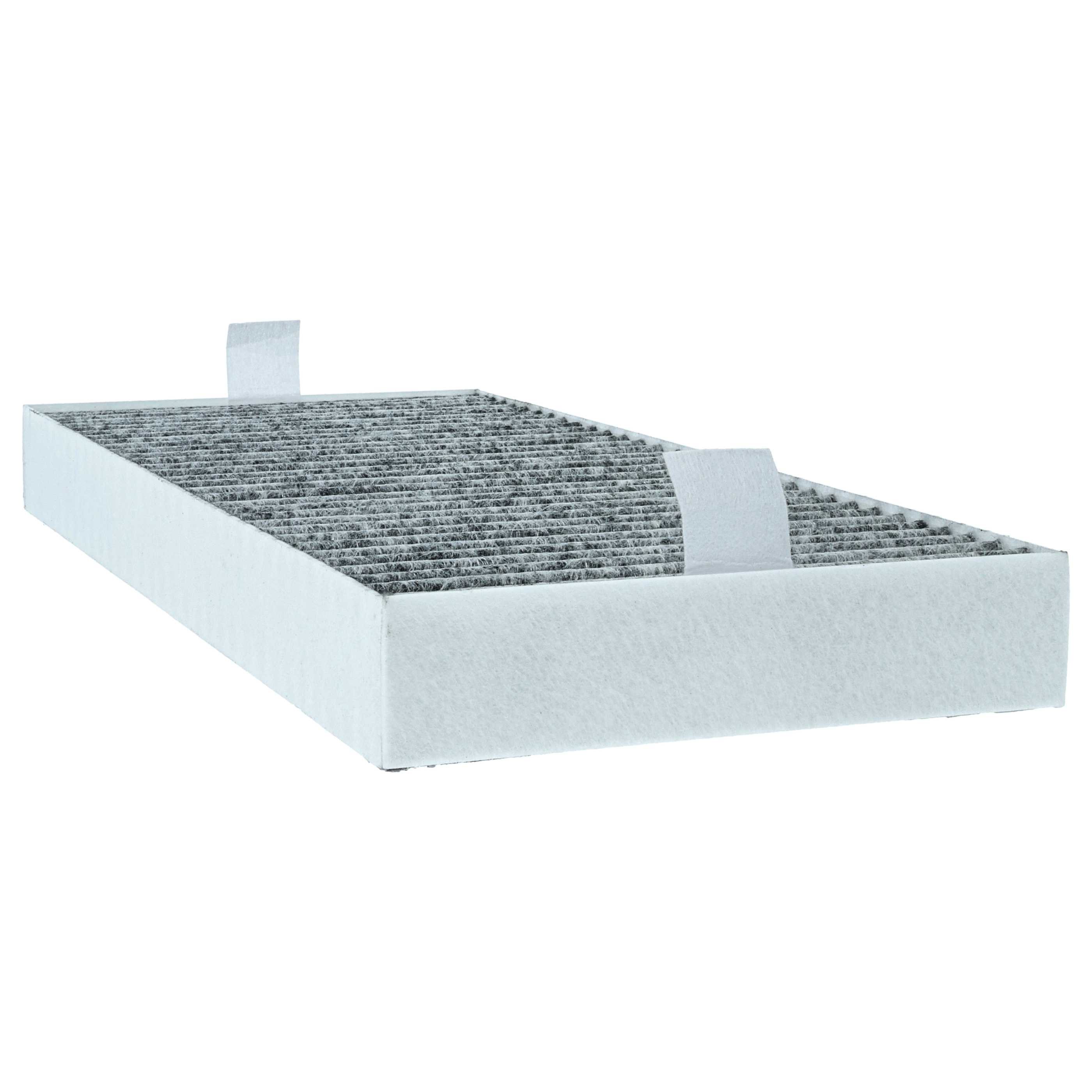Ein Luftfilter mit einem grauen, gewellten Filter in einem weißen Rahmen. Oben befinden sich weiße Laschen.