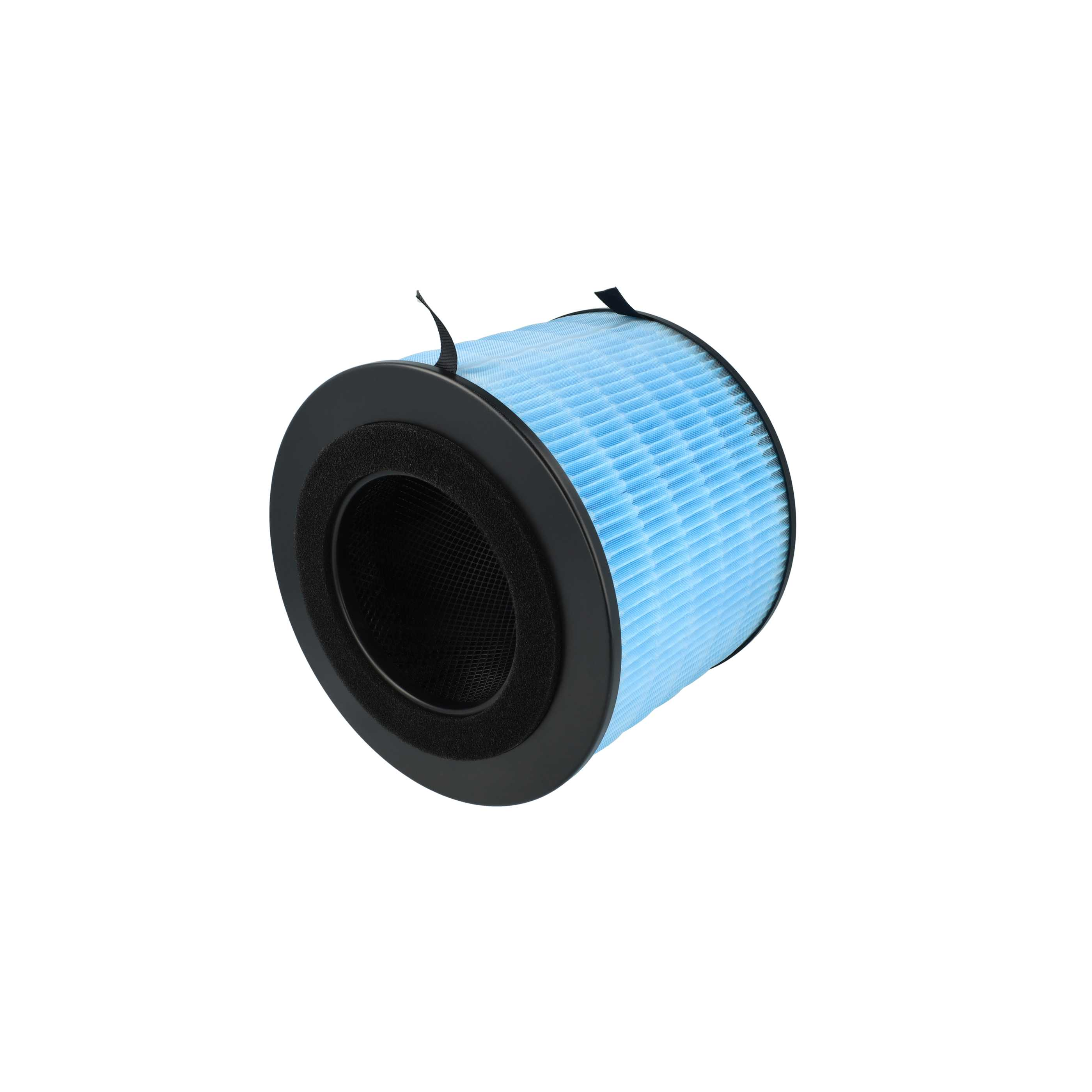Ein Luftfilter mit schwarzem Rahmen, hellblauem Filter und schwarzem Netzeinsatz, alles vor weißem Hintergrund.