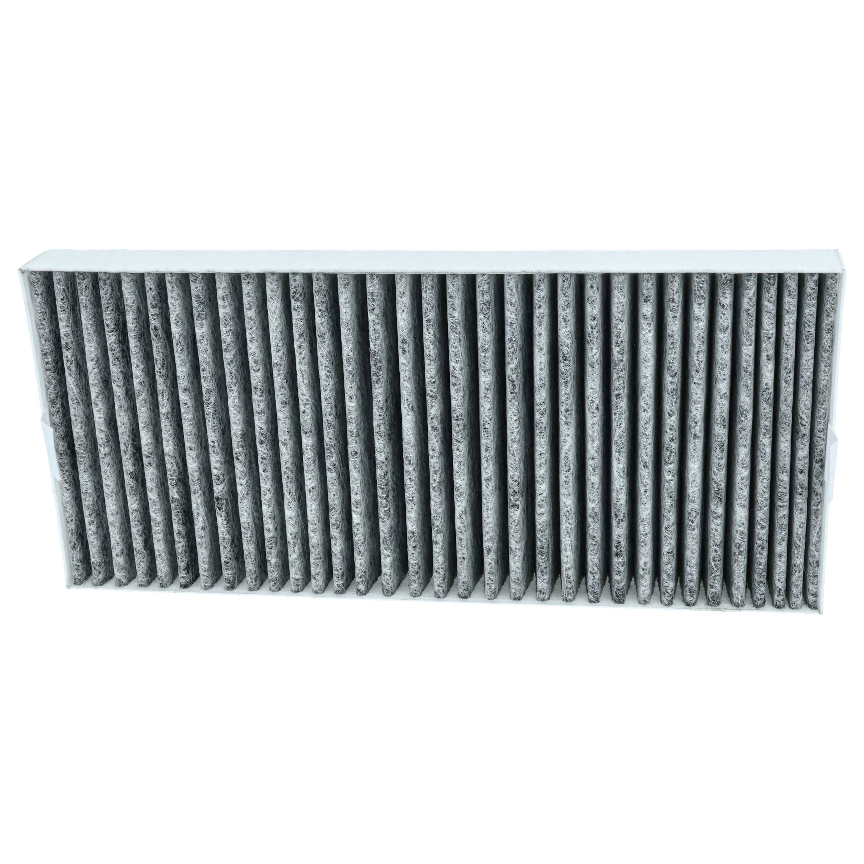 Ein Luftfilter mit weißem Rahmen. Das Filtermaterial ist grau mit vertikalen Rippen.