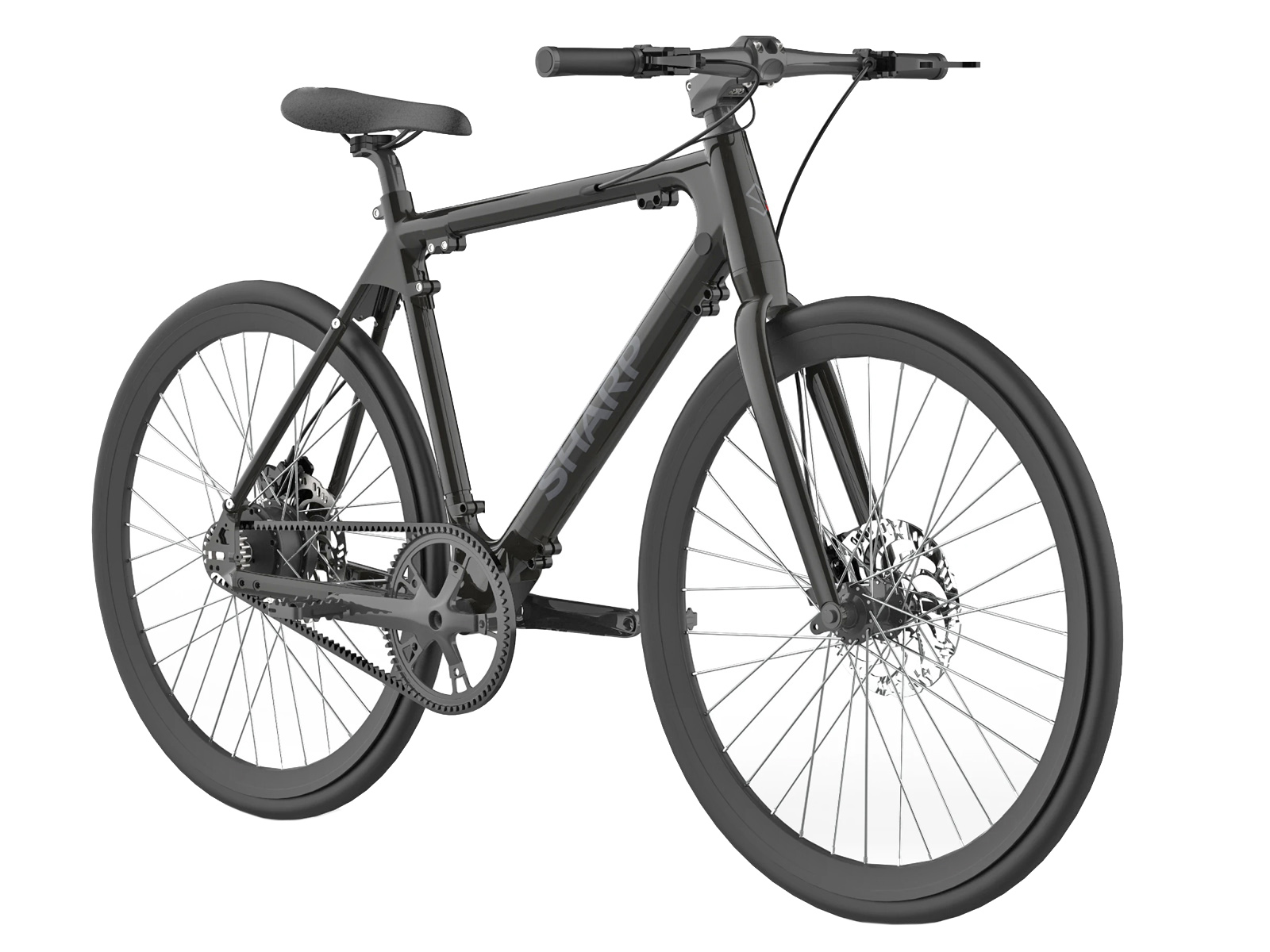 Ein dunkelgraues Fahrrad mit schlankem Rahmen wird vor weißem Hintergrund gezeigt. Es hat Scheibenbremsen, einen Riemenantrieb und den Markennamen "SHARP".
