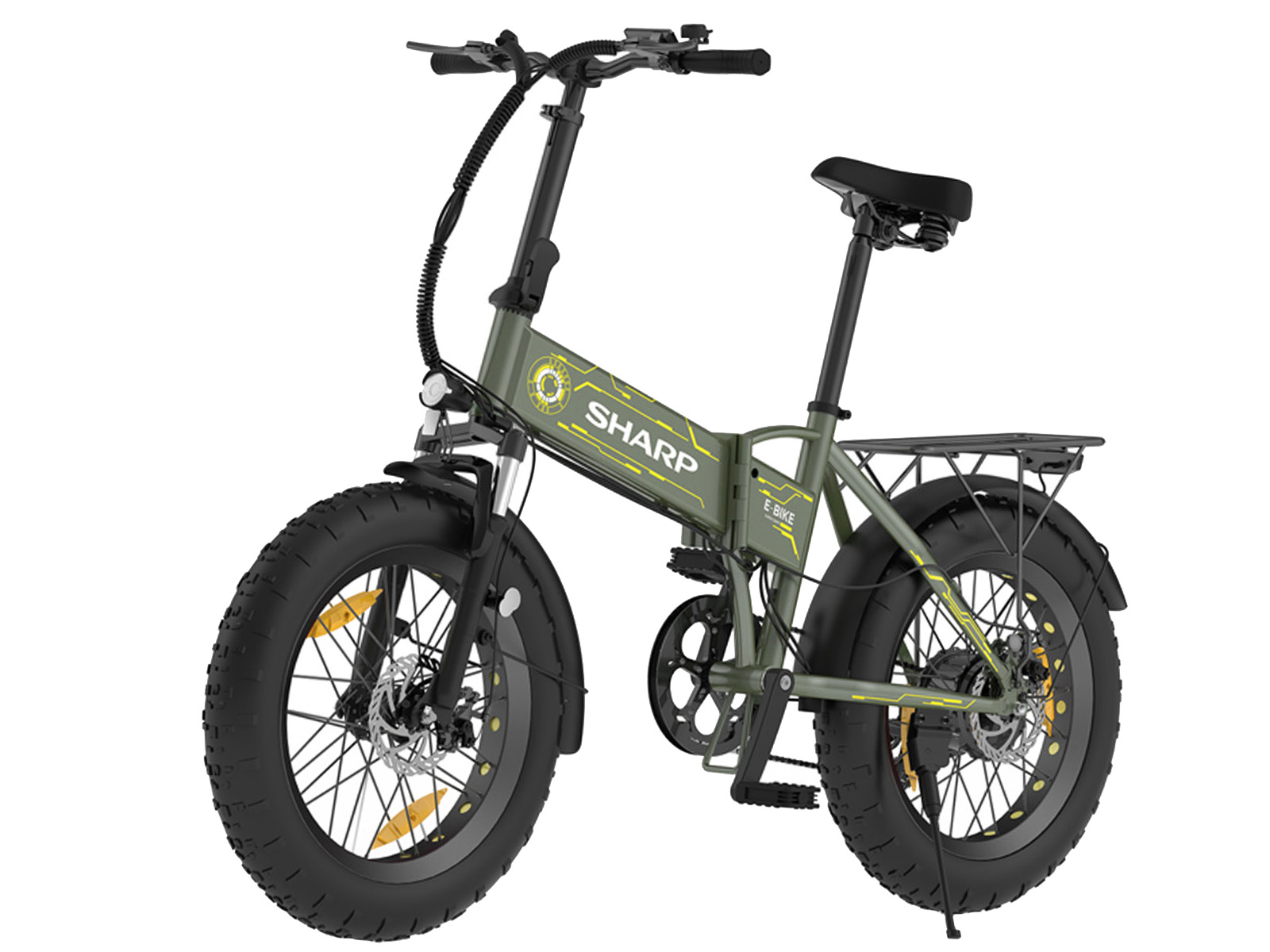 Ein olivgrünes Sharp E-Bike. Es hat breite Reifen, einen schwarzen Sattel und einen Gepäckträger. Das Fahrrad steht vor weißem Hintergrund.