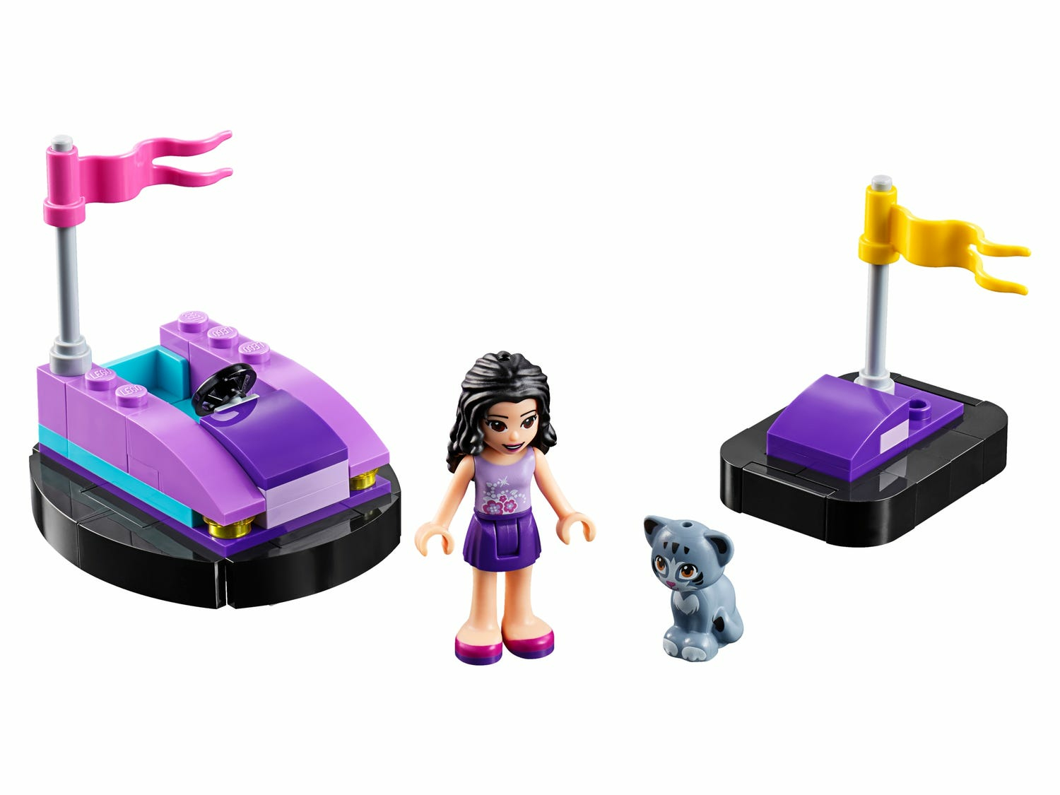 Zestaw LEGO z figurką dziewczynki, szarym kotem, autkiem na zderzaki i stojakiem na flagę. Autko jest fioletowe, kot szary.