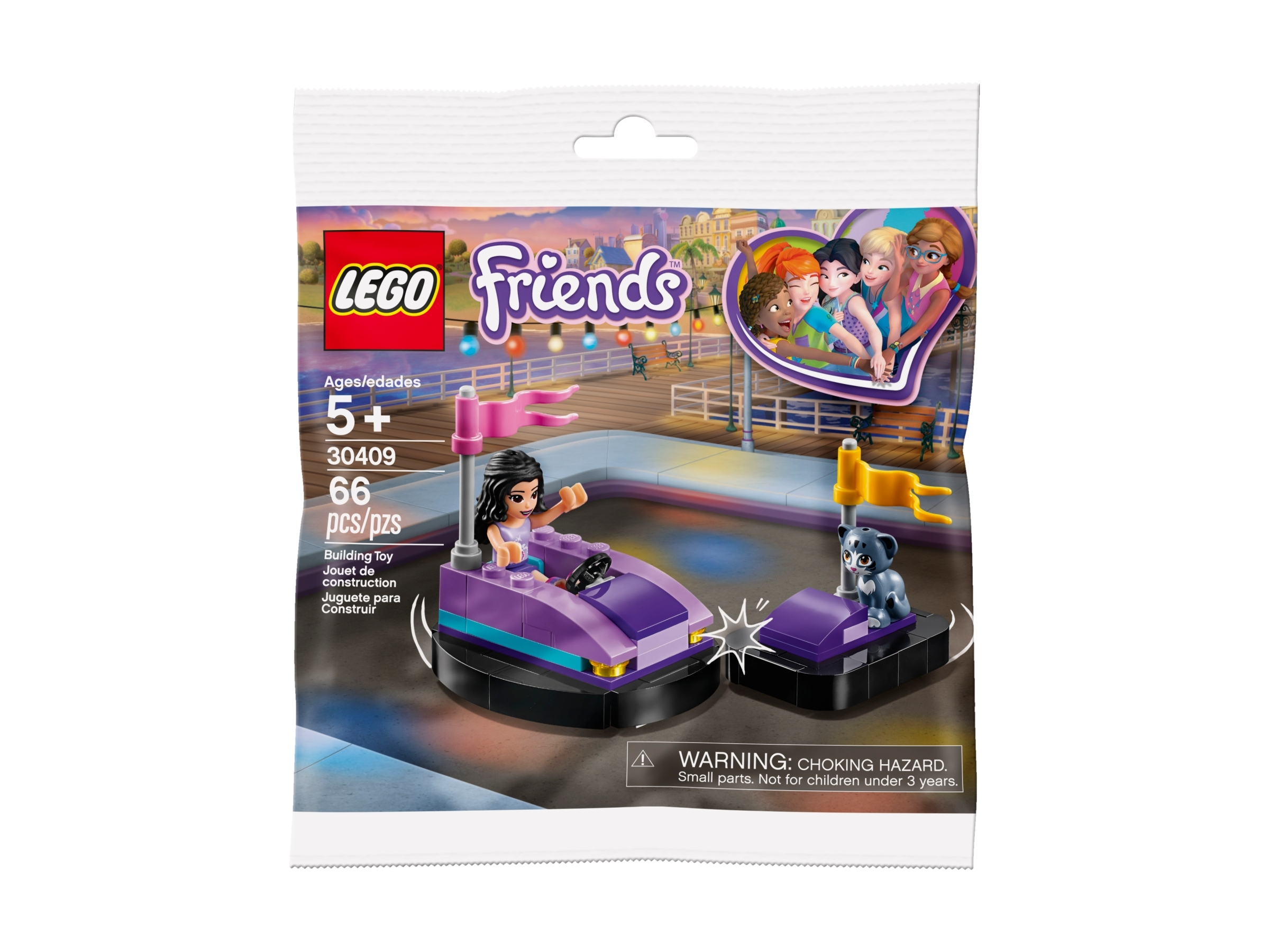 Zestaw Lego Friends. Dziewczyna w fioletowym samochodziku zderzeniowym stoi naprzeciwko szarego zwierzęcia na osobnej platformie. Tłem jest wesołe miasteczko.