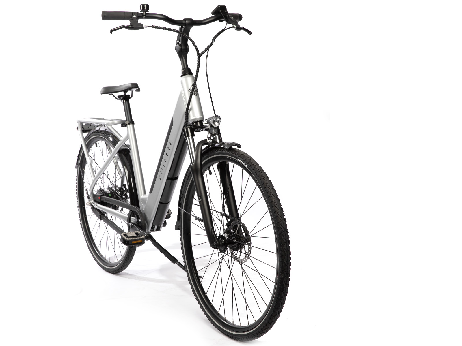 Zilveren en zwarte Villette elektrische fiets op een witte achtergrond. De fiets heeft zwarte banden, een zadel en een stuur.