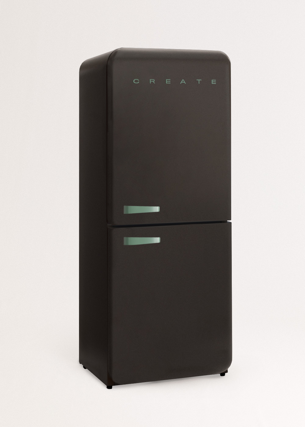 Un refrigerador negro con la palabra CREATE en la parte superior y dos manijas horizontales. El fondo es blanco.