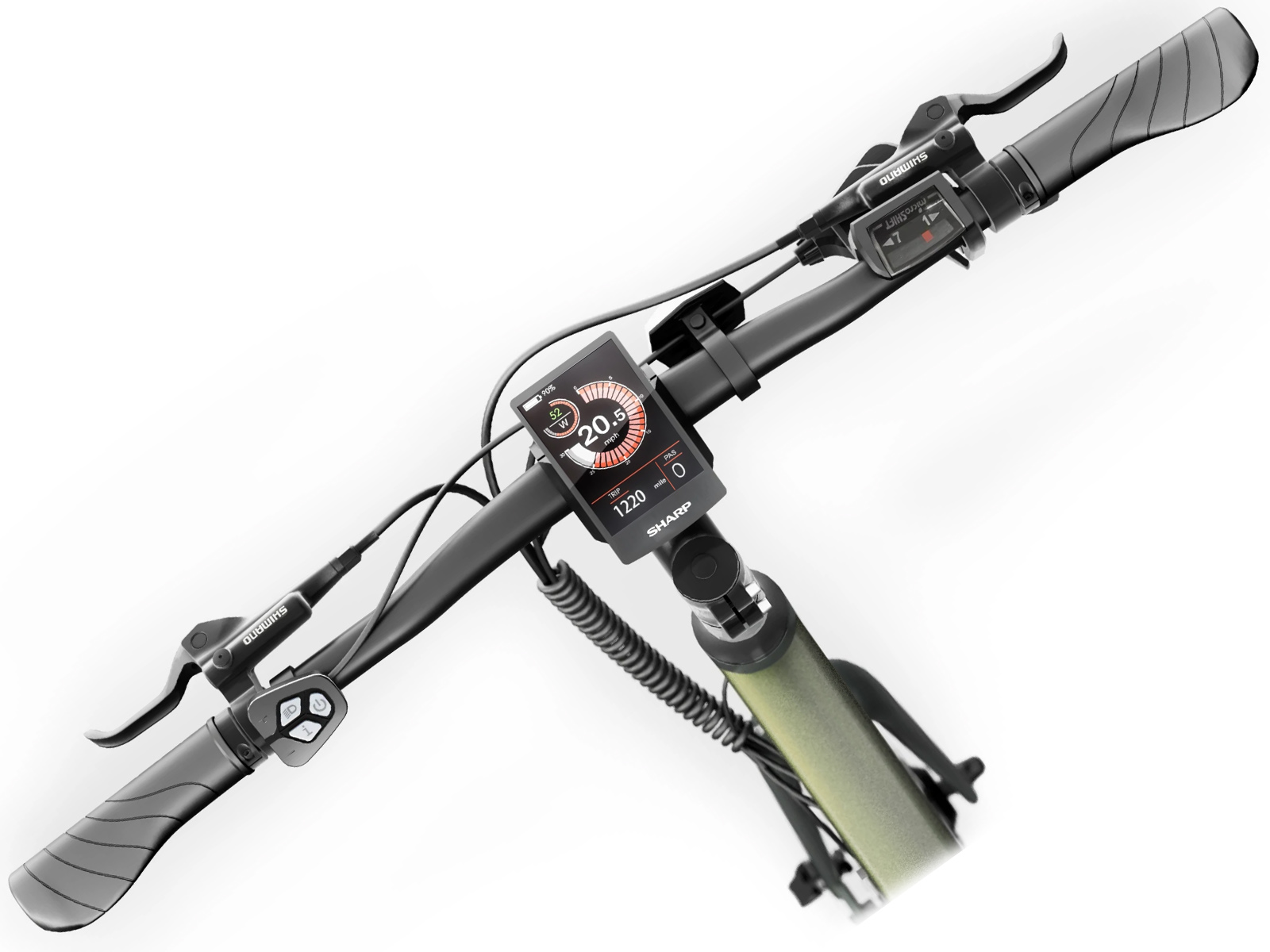 Ansicht des E-Scooter-Lenkers. Der Tacho zeigt 20,5 mph an. Shimano-Bremshebel und Display mit Geschwindigkeit, Batterie und Fahrinfo.