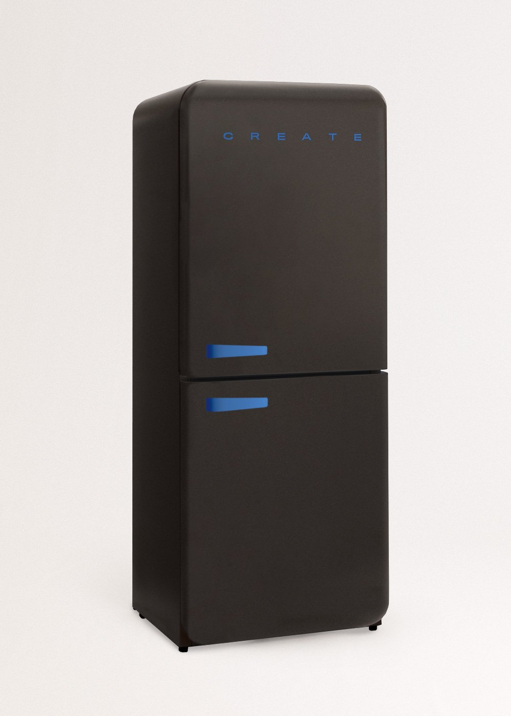 Un refrigerador retro negro con manijas azules y la palabra "CREATE" en letras azules en la parte superior. Fondo blanco.