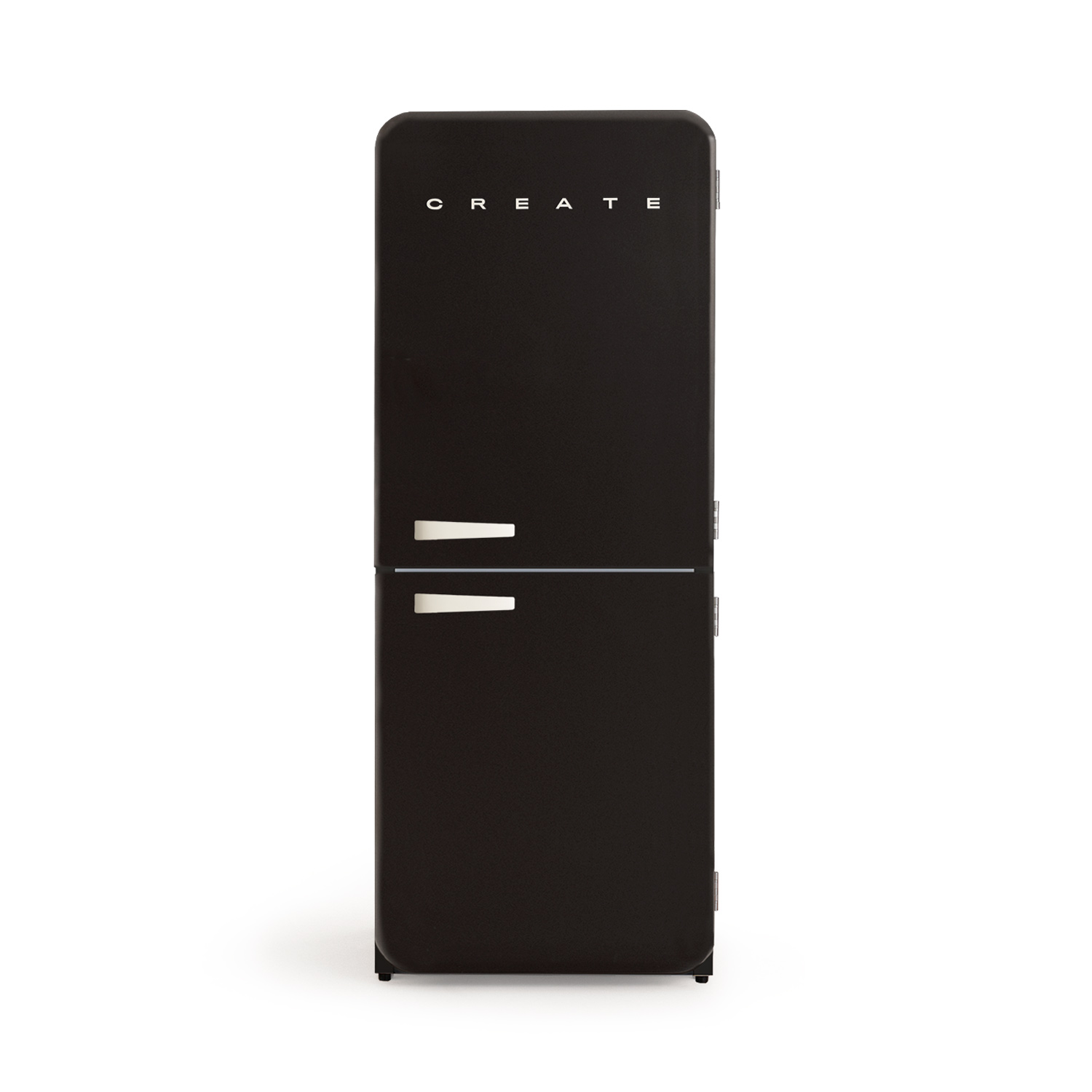 Un refrigerador retro negro con la palabra CREATE arriba. Tiene dos puertas y manijas blancas, sobre un fondo blanco.