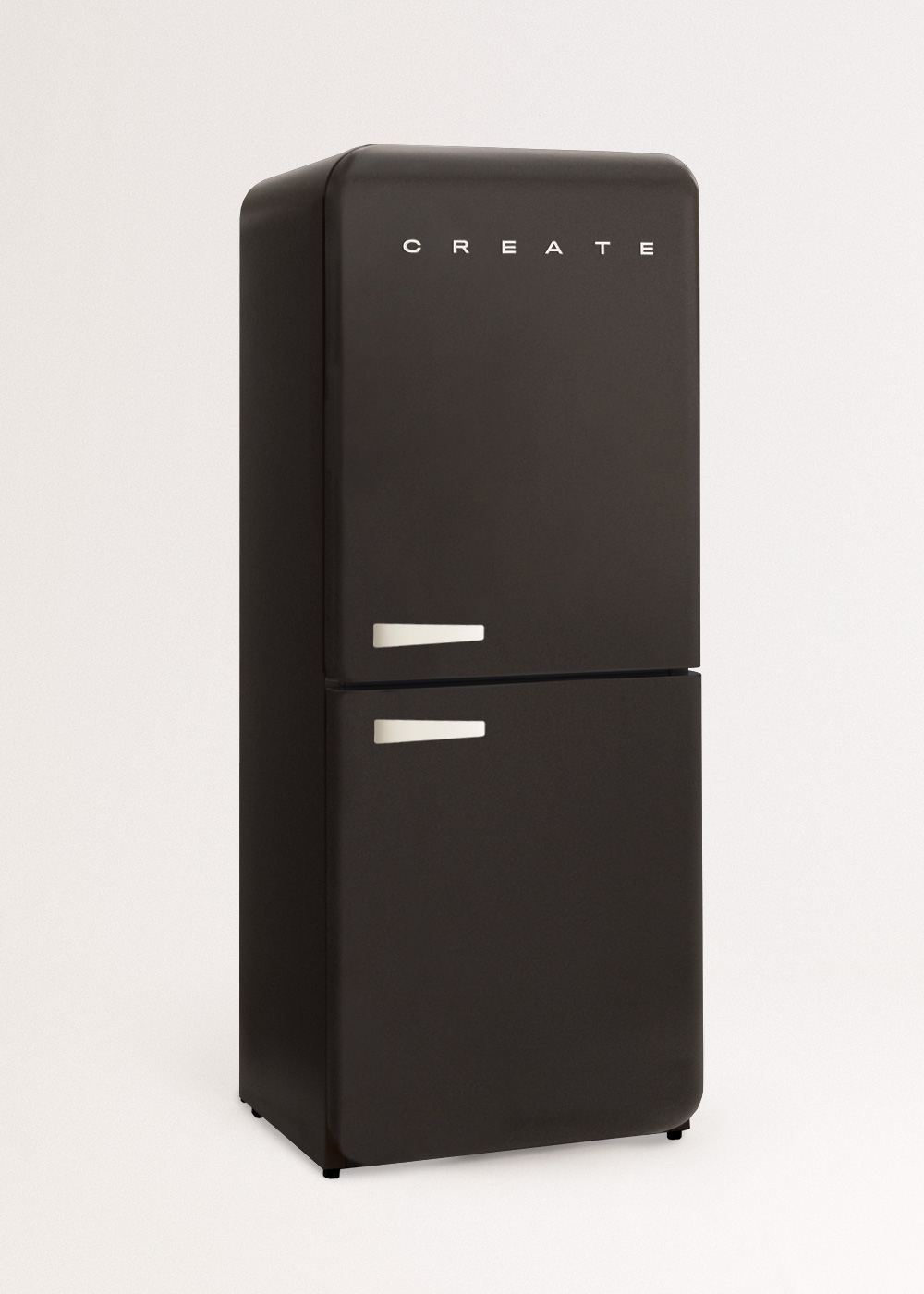 Un refrigerador negro de estilo retro con manijas blancas y la palabra 'CREATE' arriba. Se encuentra sobre un fondo blanco.