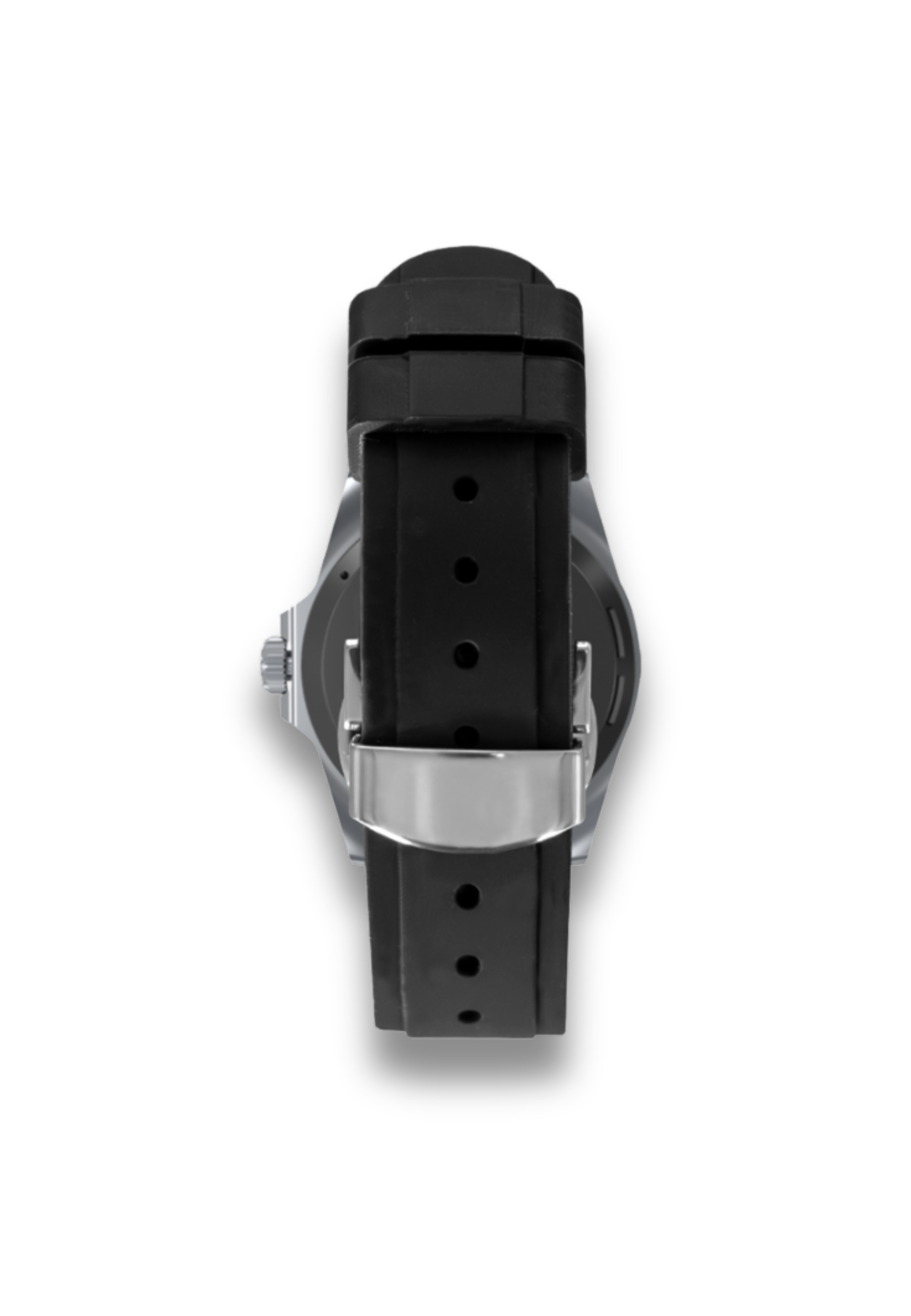 Nahaufnahme eines schwarzen Uhrenarmbands mit silberner Schnalle. Das Zifferblatt ist sichtbar. Isoliert auf weißem Hintergrund.