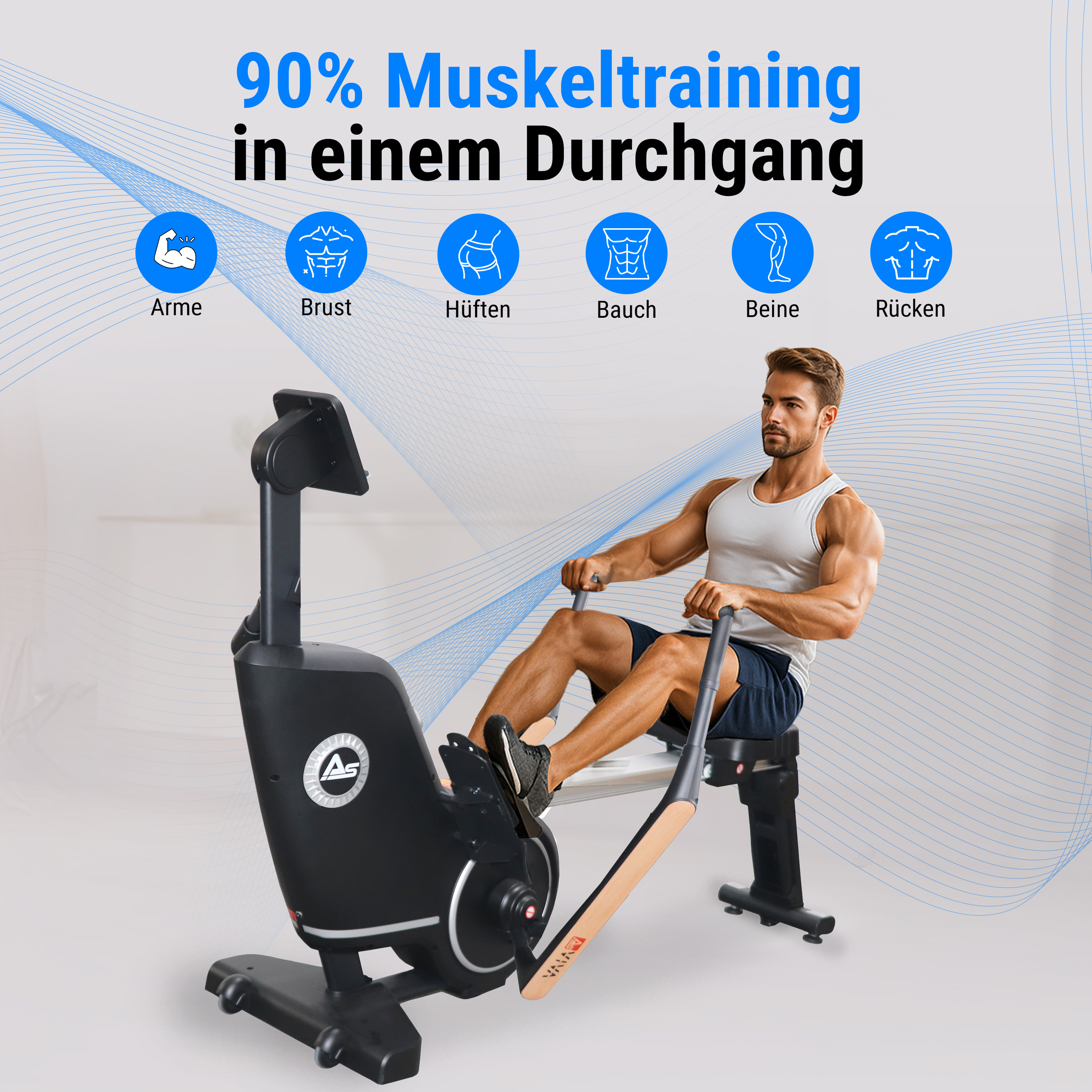 Mann benutzt Rudermaschine. Text sagt 90 % Muskeltraining in einem Durchgang. Zeigt Körperteile und Trainingsgerät.