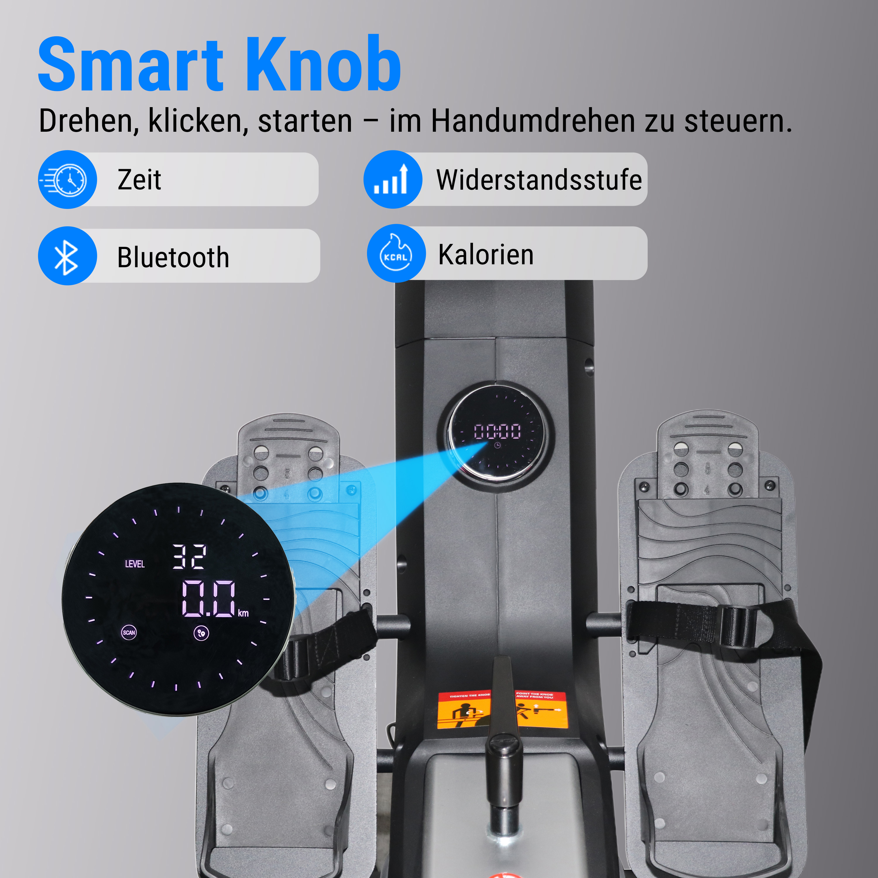 Ein Rudergerät mit digitaler Anzeige, die Zeit, Bluetooth, Kalorien und Widerstand anzeigt. Die Anzeige zeigt Level, km und Zeit.
