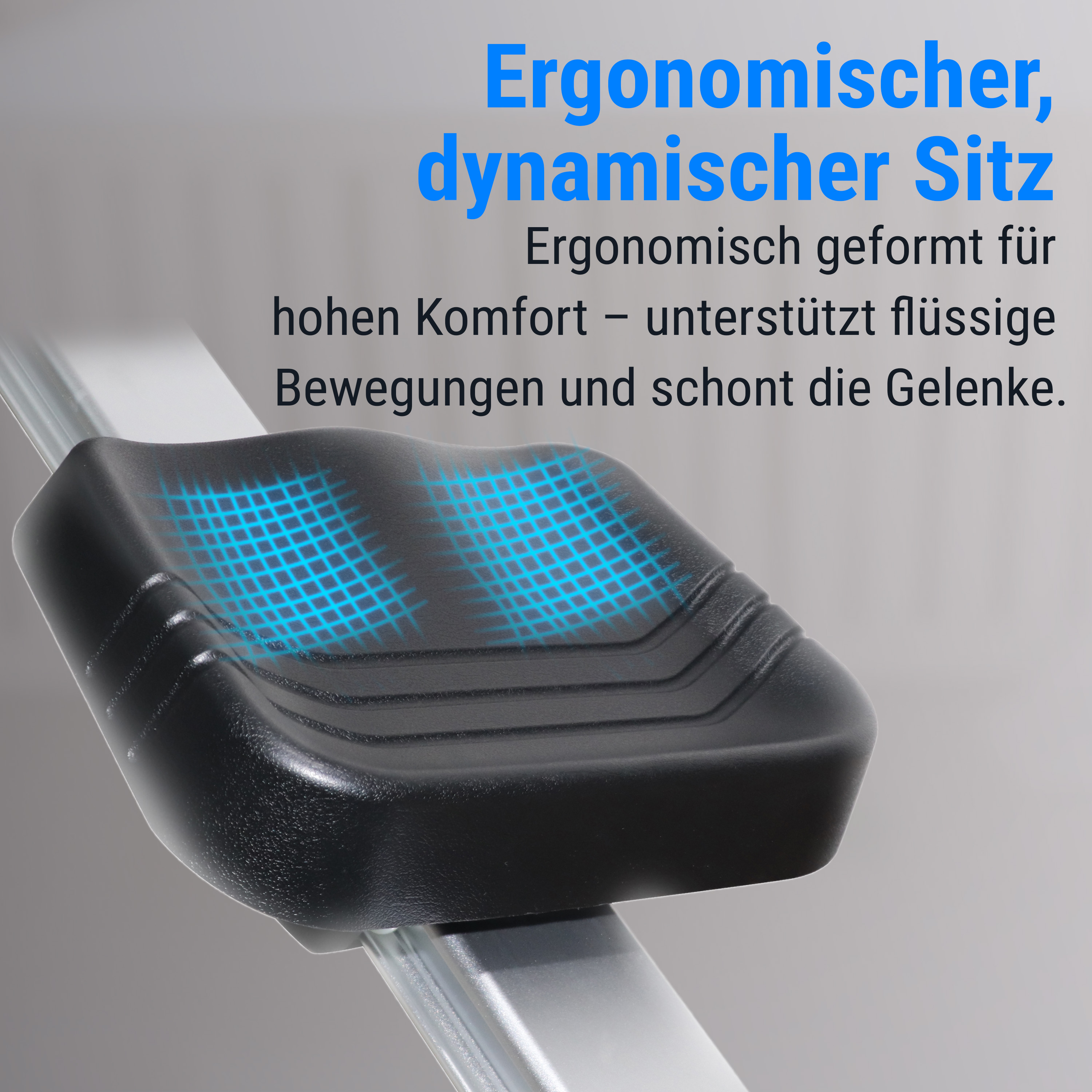 Nahaufnahme eines schwarzen ergonomischen Sitzes mit blauem Gitterdesign. Text auf Deutsch hebt Komfort, flüssige Bewegung und Gelenkpflege hervor.