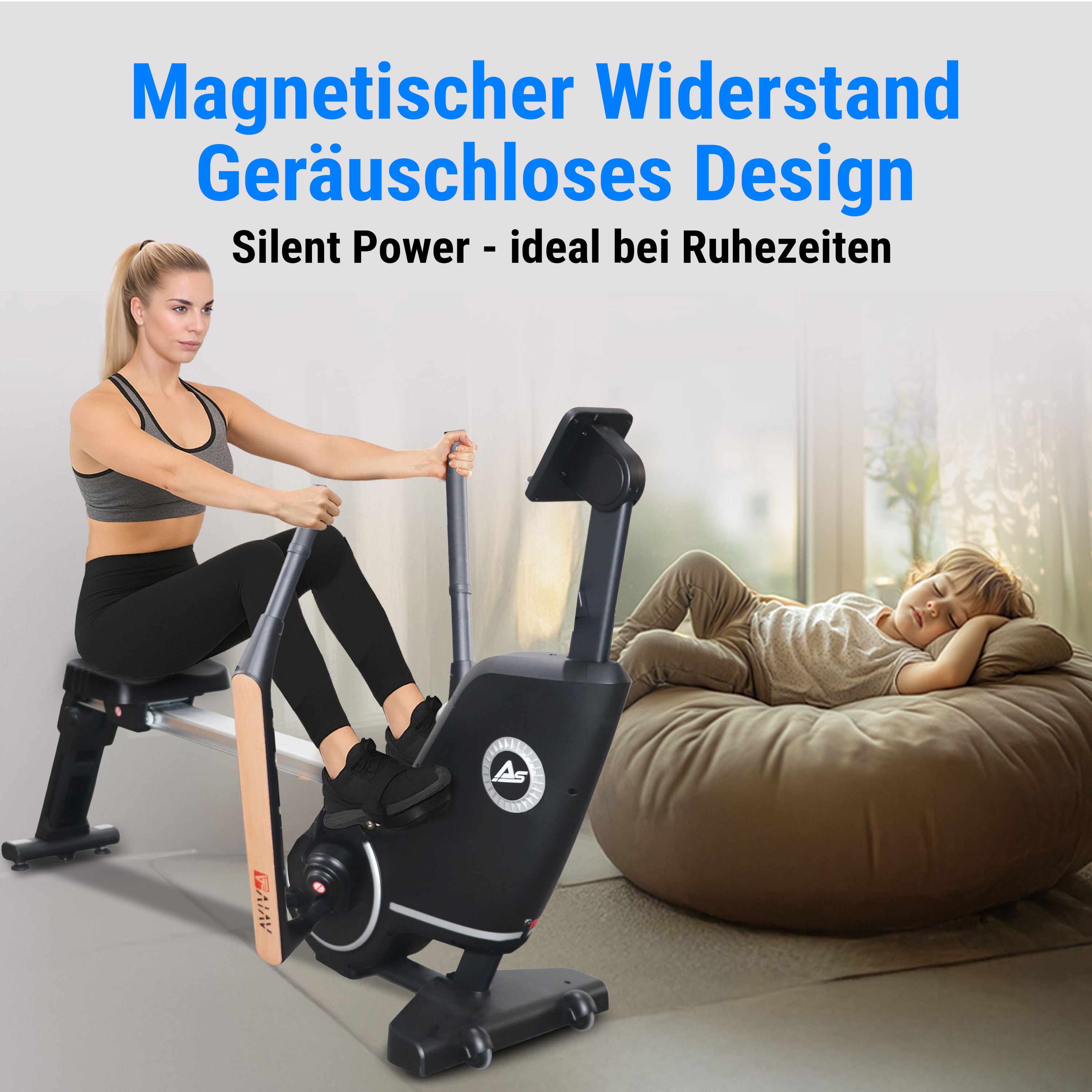 Eine Frau trainiert auf einem Rudergerät. Ein Kind schläft im Hintergrund auf einem Sitzsack. Text oben in Deutsch.