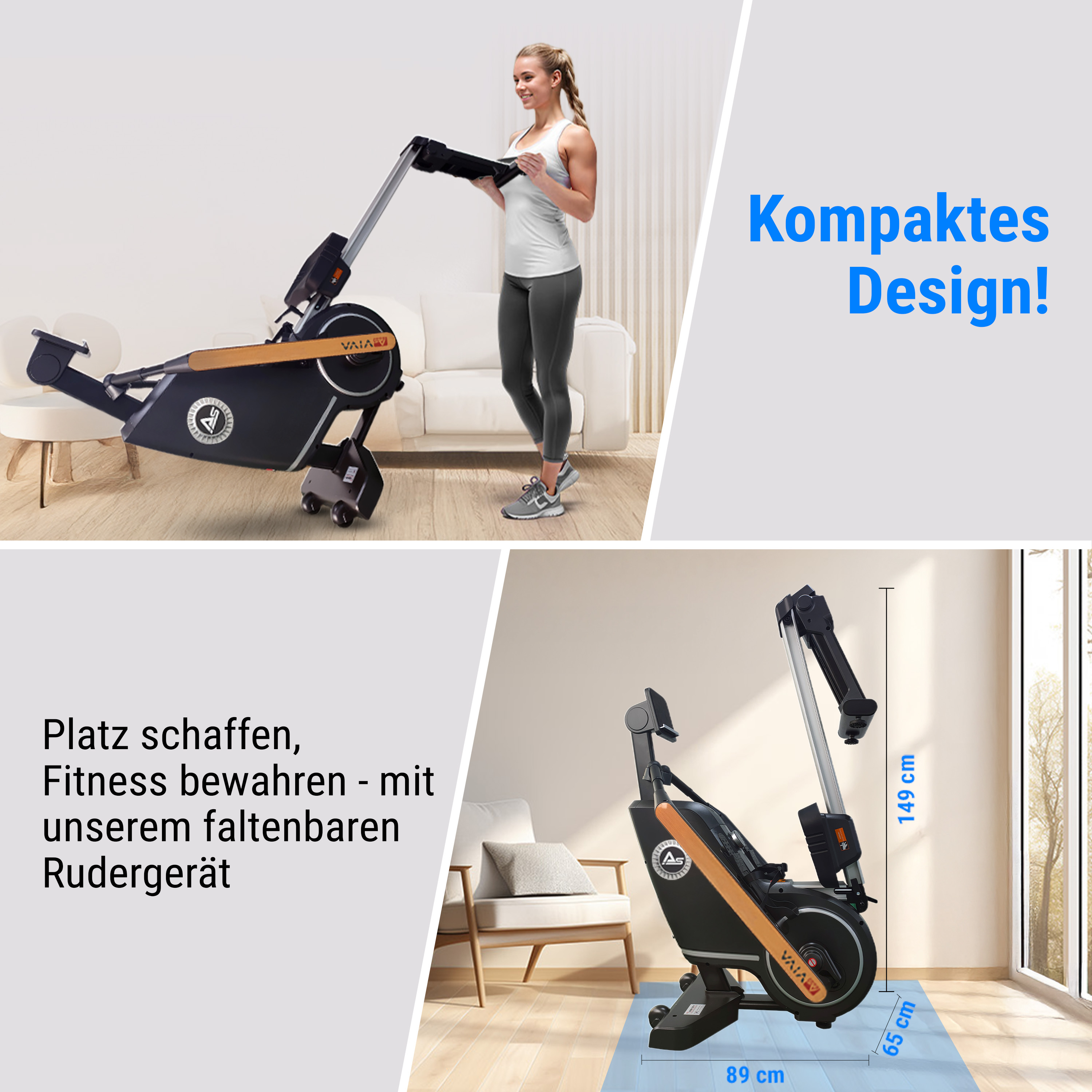 Eine Frau benutzt ein Rudergerät. Das Bild zeigt die Abmessungen der Maschine und den Text: 'Kompaktes Design!' und 'Fitness bewahren'.