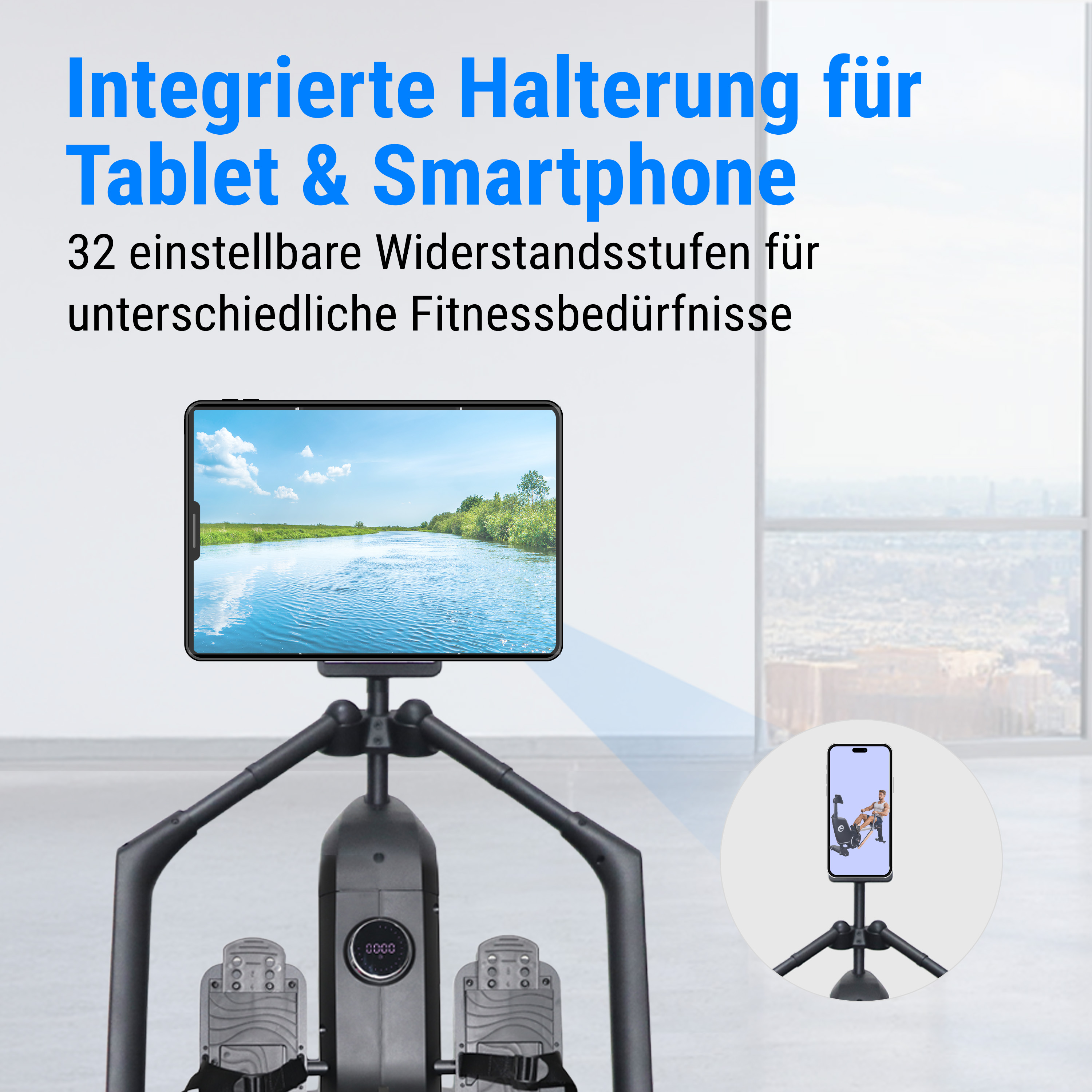 Ein Rudergerät mit einem Tablet, das eine Flussszene zeigt. Ein Telefon auf einem Stativ zeigt eine Person beim Rudern.