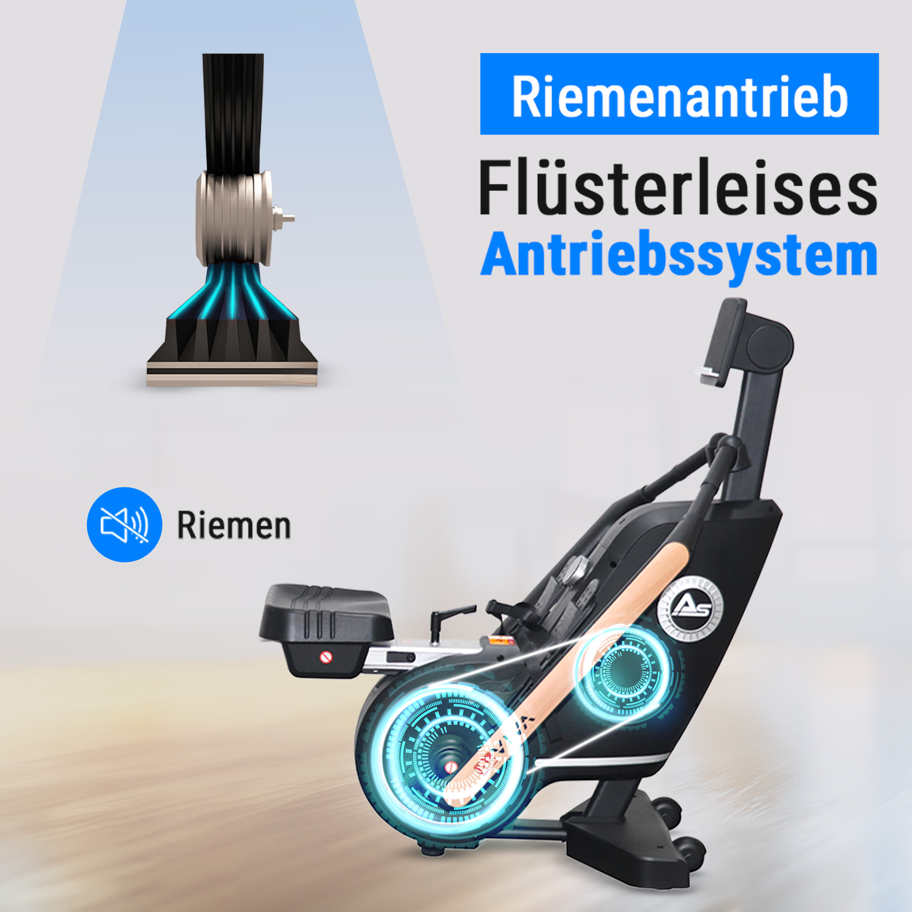 Rudergerät mit schwarzem Rahmen, Holzgriff und blauen Akzentlichtern. Der Text deutet auf einen leisen Riemenantrieb hin.