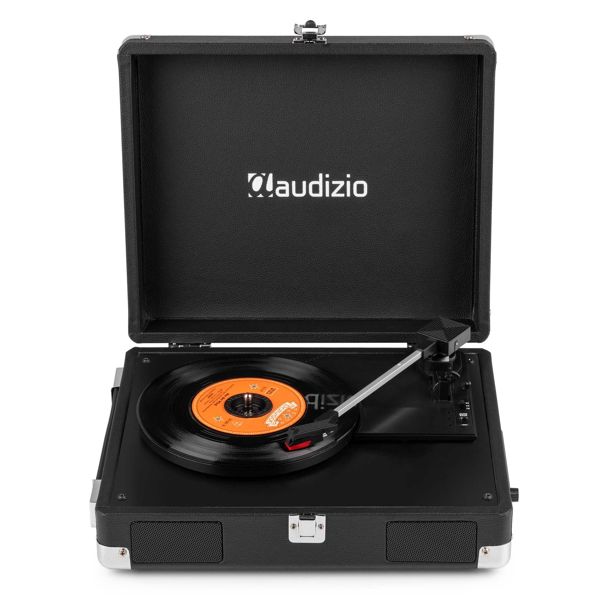 A black Audizio record player is open, with a record on the turntable. The player is on a white surface.