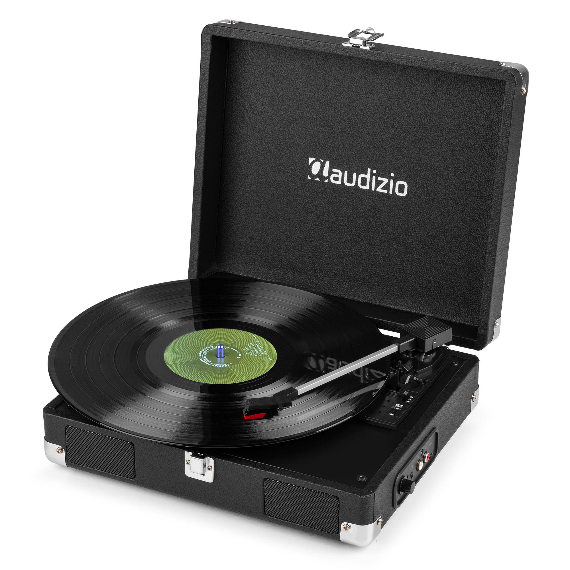 Black record player with a vinyl record on a white background. The lid is open, showing the brand name.