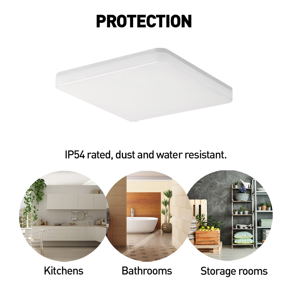 Biała lampa sufitowa z napisem PROTECTION u góry. Poniżej trzy okrągłe obrazy kuchni, łazienki i pomieszczenia gospodarczego.