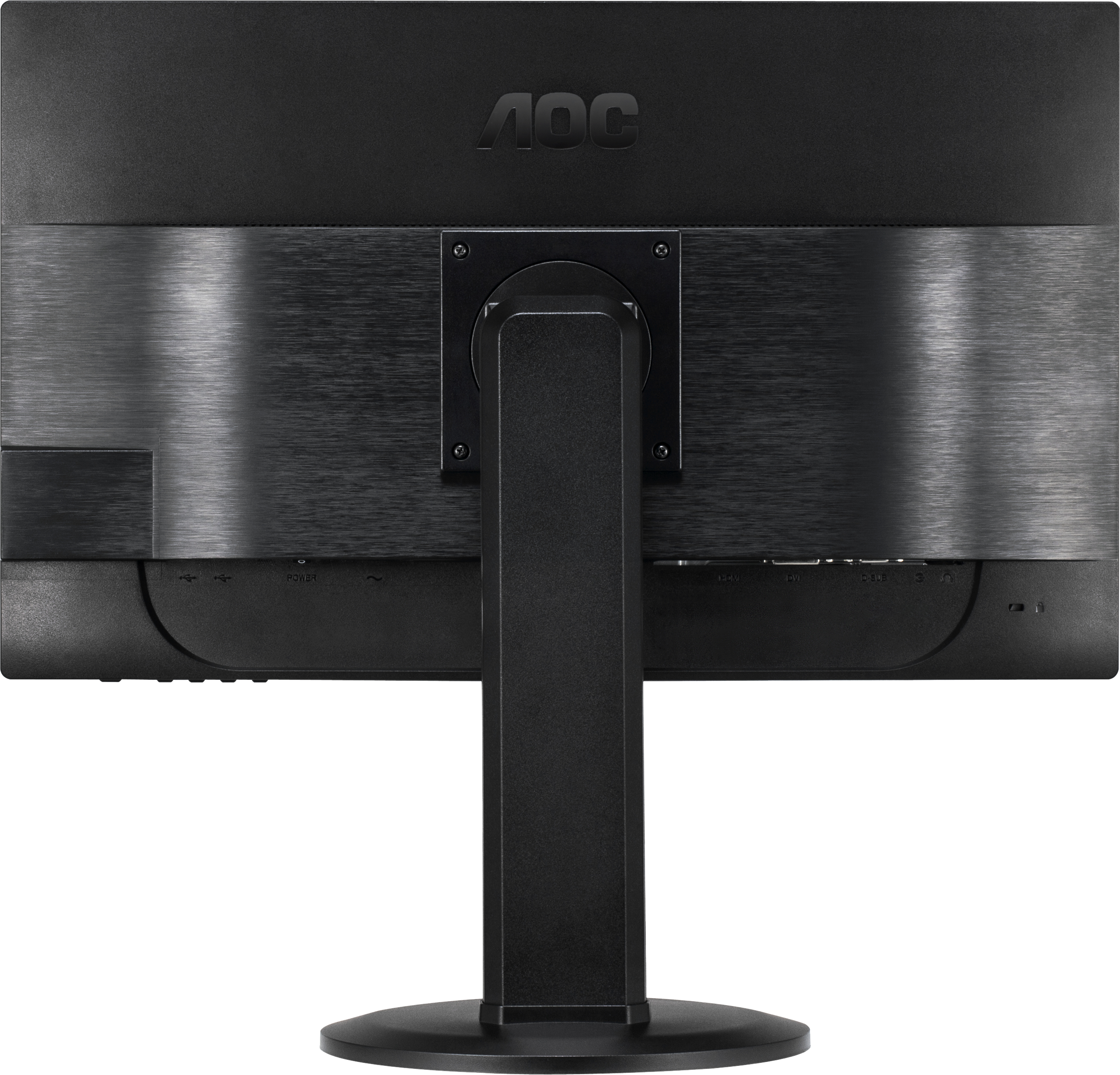 Vista posteriore di un monitor nero con il logo AOC. Ha un supporto e varie porte.