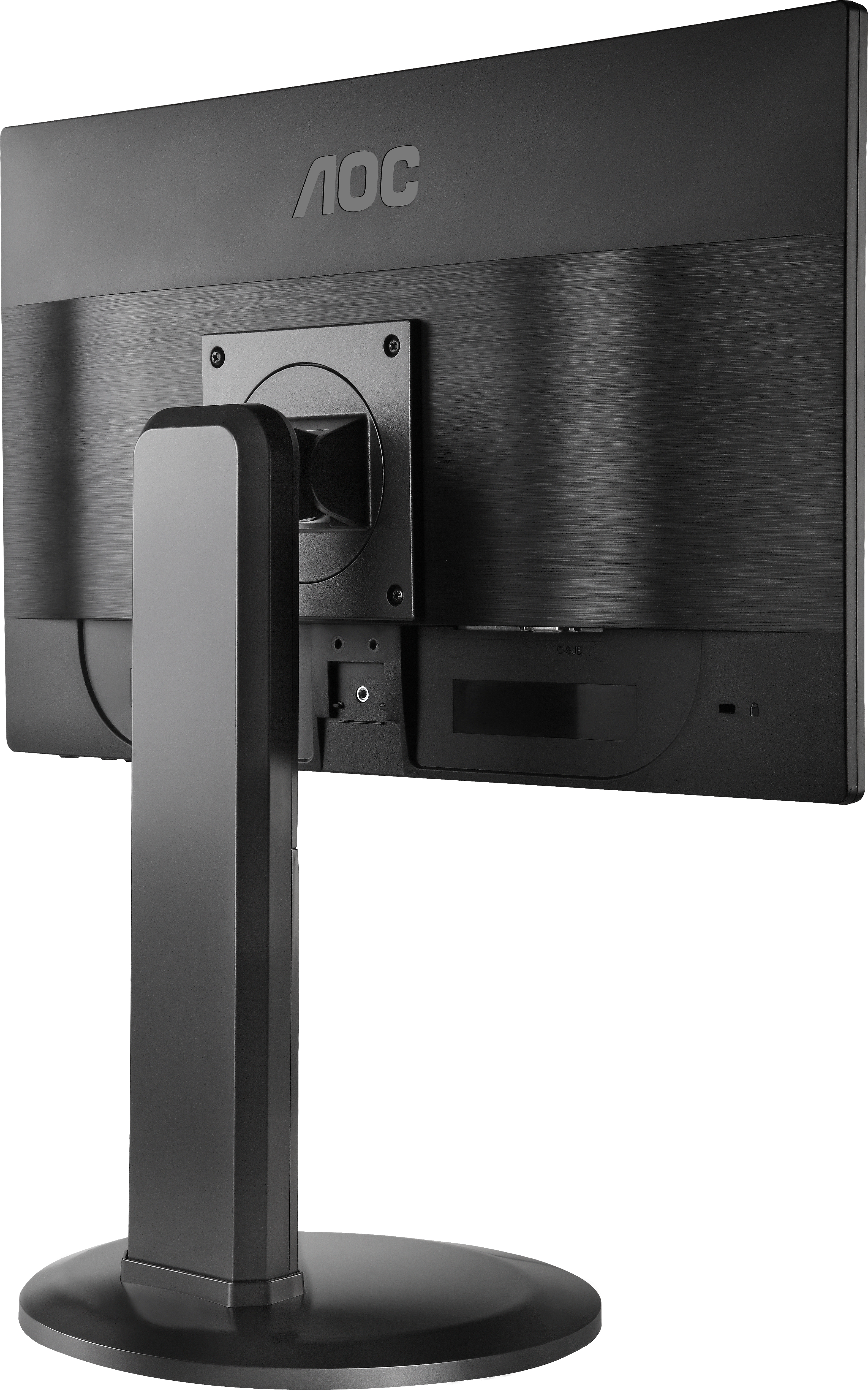 Vista posteriore del monitor AOC nero. Ha un supporto e una base circolare. Lo schermo ha una finitura strutturata.