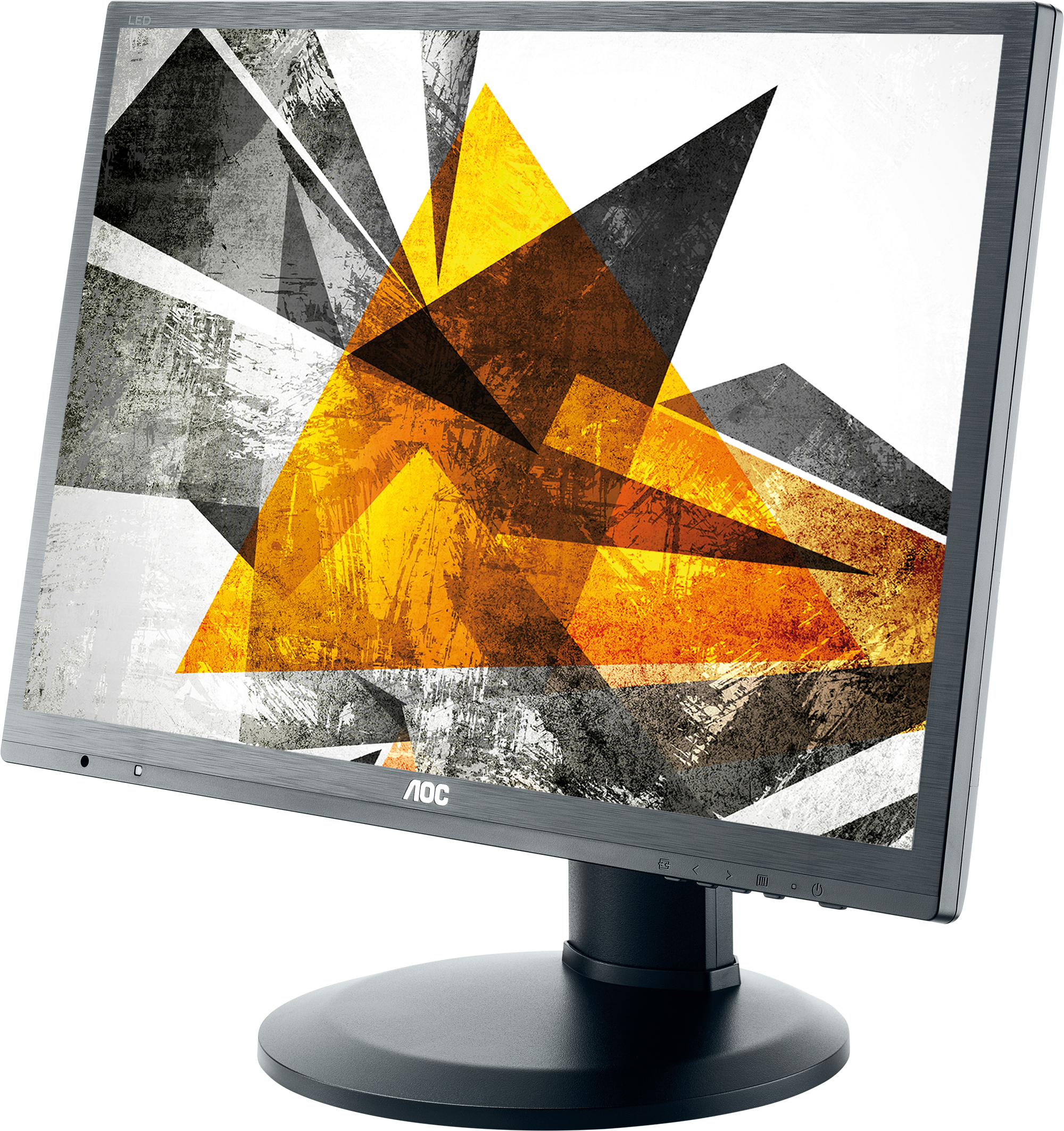 Monitor AOC con arte astratta sullo schermo. Mostra forme geometriche gialle, arancioni, grigie e nere.