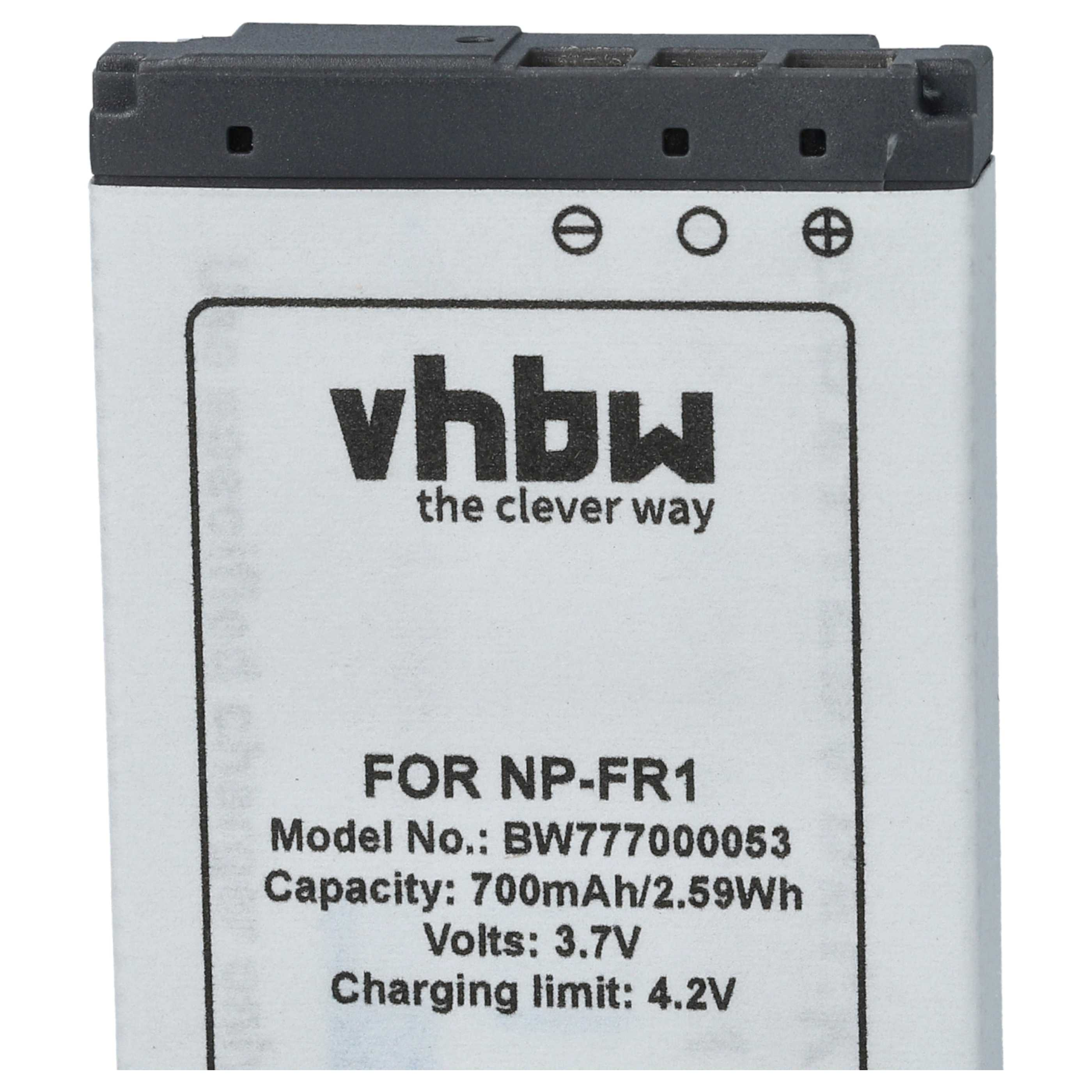 Ein Akku mit schwarzem Deckel und weißem Etikett. Der Text lautet 'vhbw the clever way', 'FOR NP-FR1' und Spezifikationen.