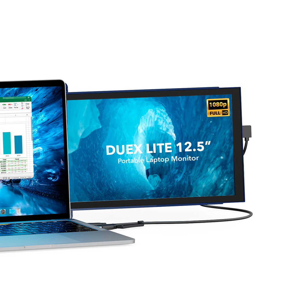 Laptop podłączony do przenośnego monitora Duet Lite 12,5". Monitor wyświetla niebieskie tło. Laptop pokazuje arkusz kalkulacyjny.