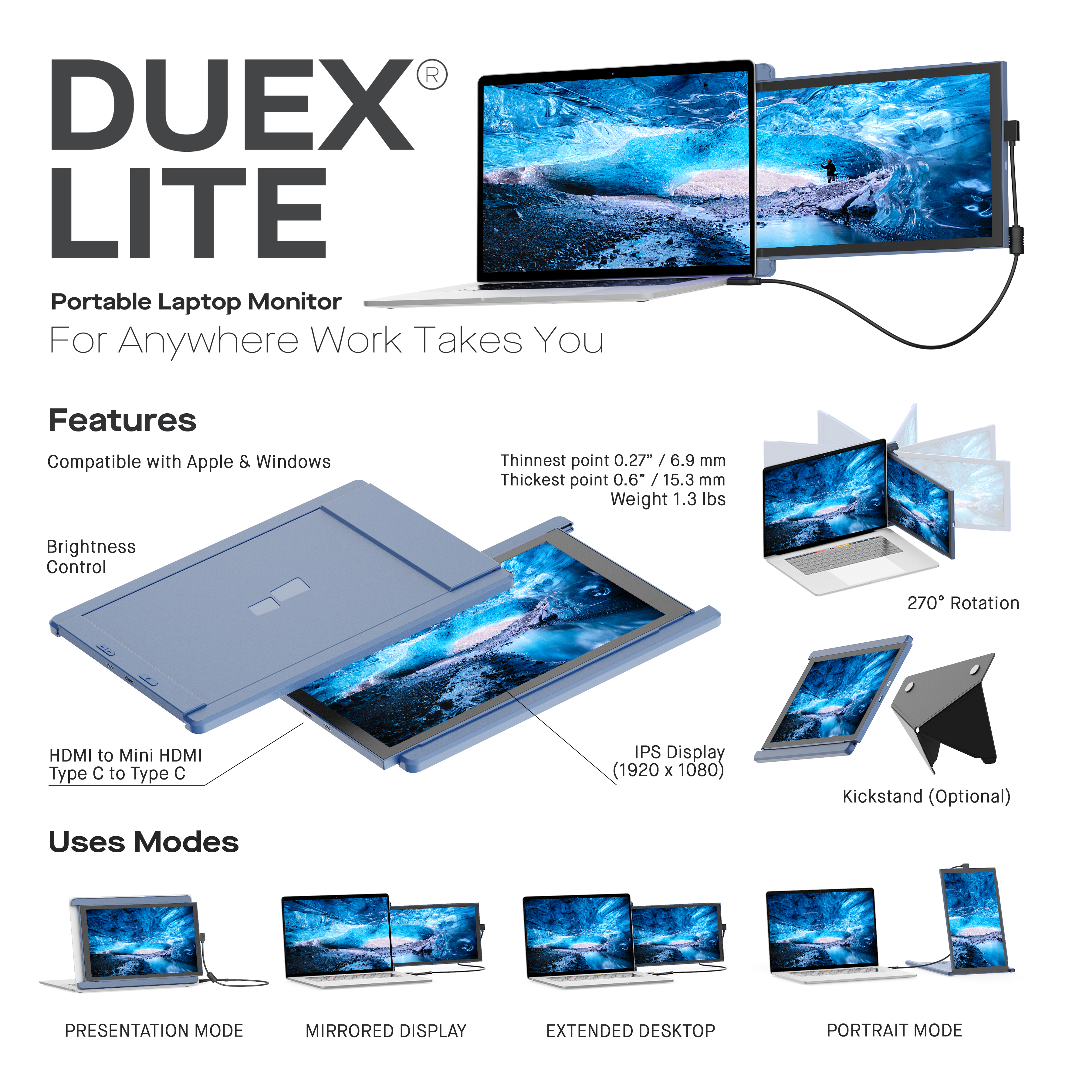 DUEX LITE, przenośny monitor do laptopa. Funkcje obejmują regulację jasności, wyświetlacz IPS, obrót o 270° i różne tryby użytkowania.