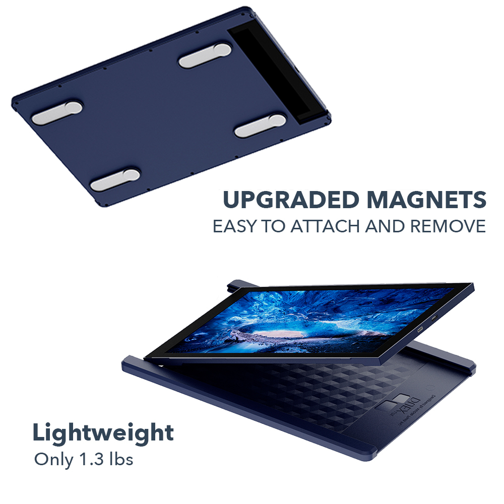 Granatowe etui na tablet z tabletem w środku. Tekst mówi ulepszone magnesy, lekkie i tylko 1,3 funta.