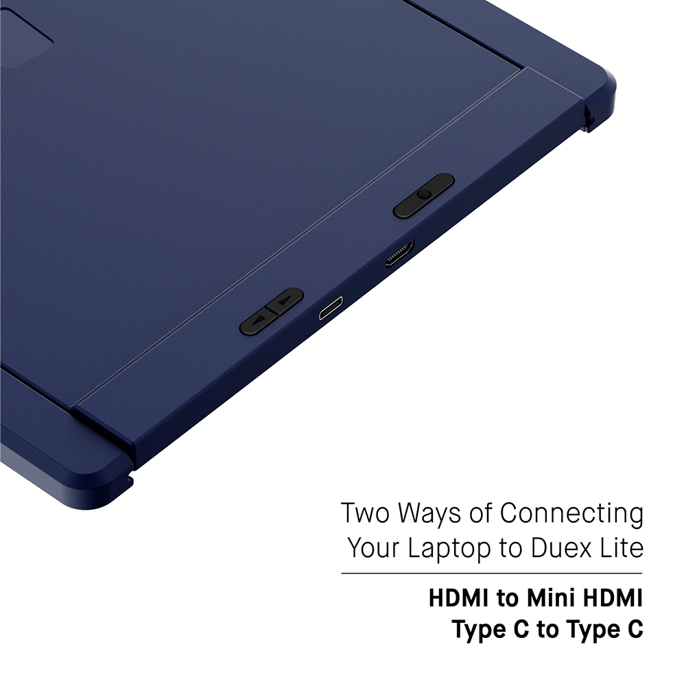 Granatowy element laptopa z przyciskami i portami. Poniżej tekst: Dwa sposoby łączenia. HDMI do Mini HDMI i Typ C do Typu C.
