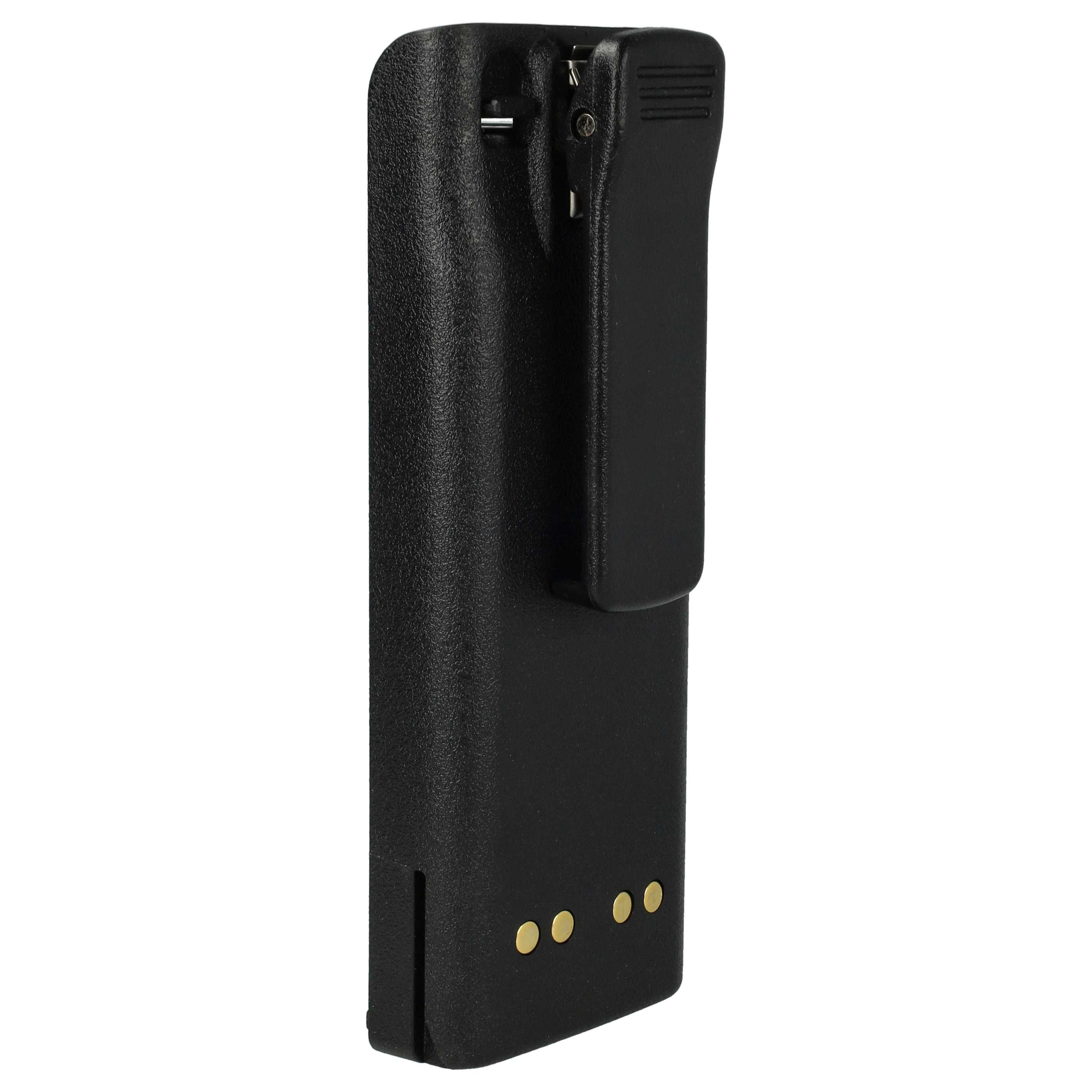 Ein schwarzes Batteriegehäuse mit Gürtelclip. Es hat drei goldfarbene Kontakte unten.