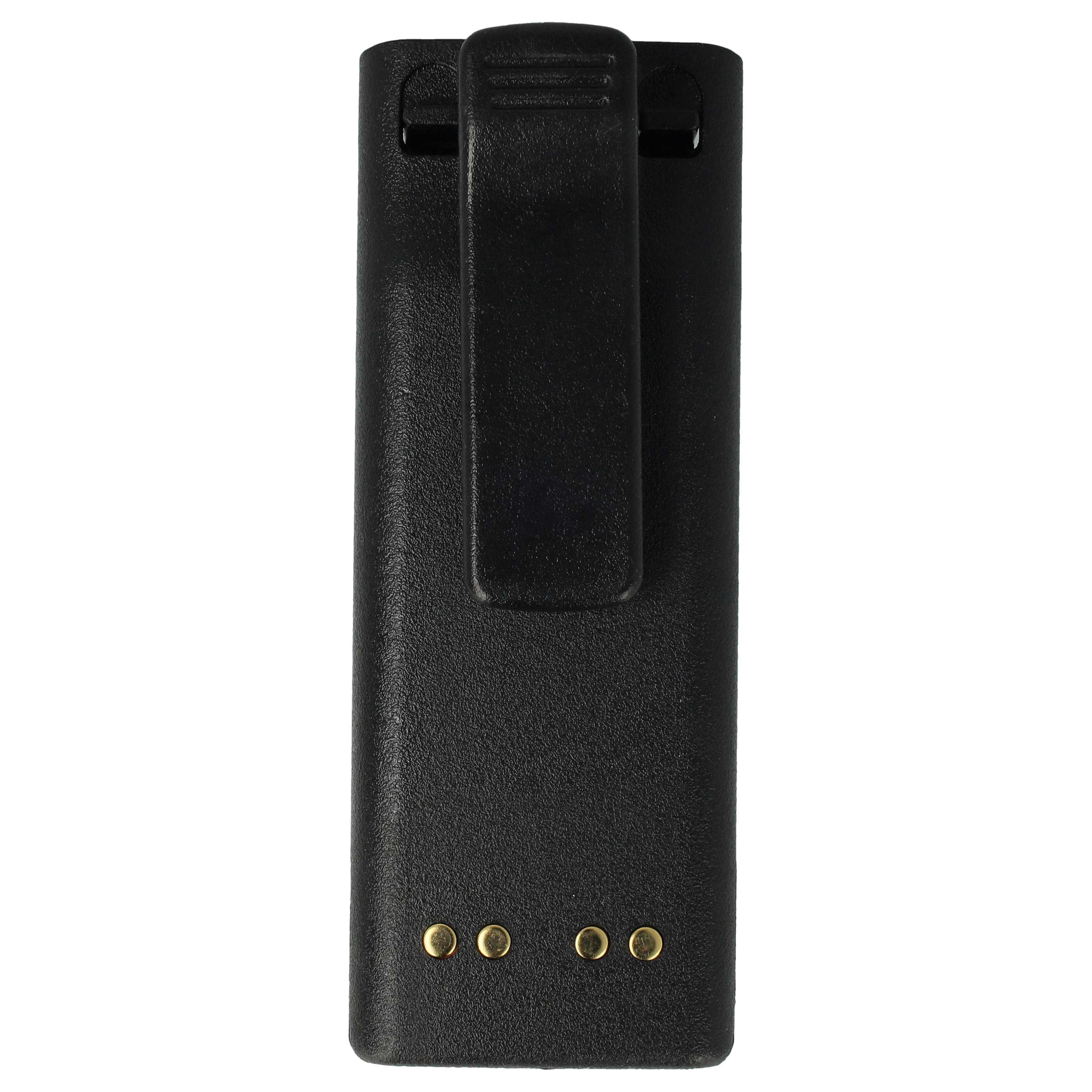 Ein schwarzes, rechteckiges Gerät mit Gürtelclip und drei goldfarbenen Kontaktpunkten unten wird gezeigt.