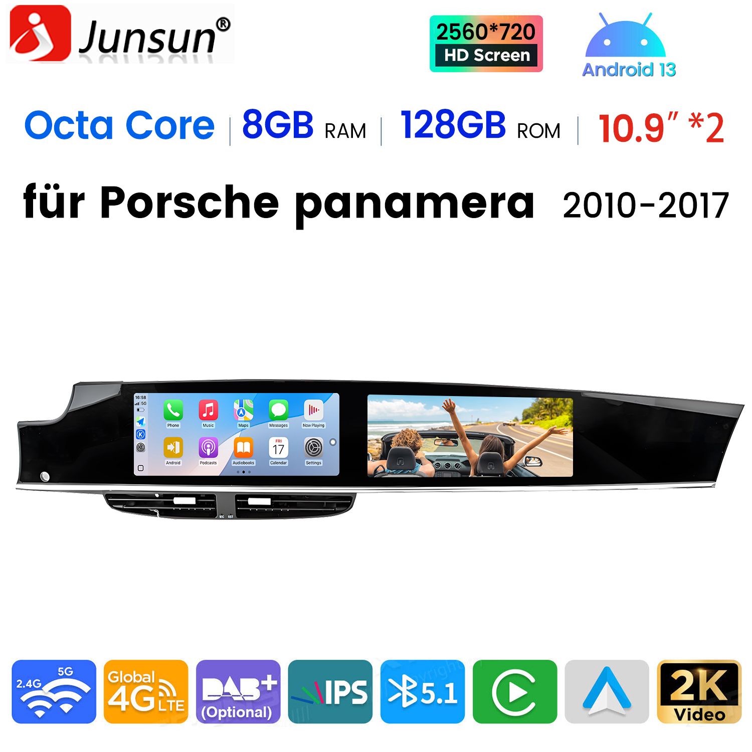 System multimedialny do samochodu z ekranem wyświetlającym aplikacje, specyfikacje i tekst 'für Porsche panamera 2010-2017'.