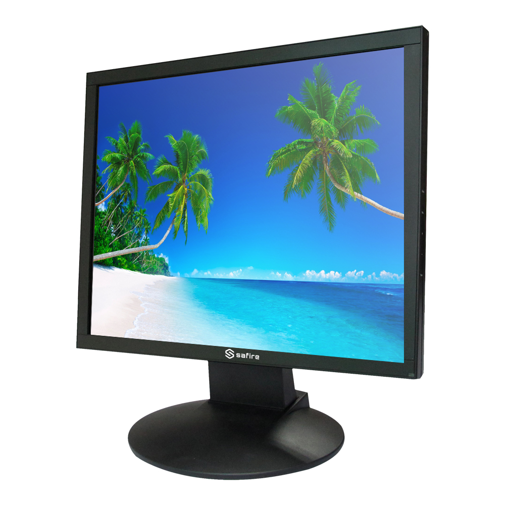 Un monitor di computer mostra una scena di spiaggia tropicale. Palme, cielo blu, sabbia bianca e acqua turchese. Monitor e base neri.