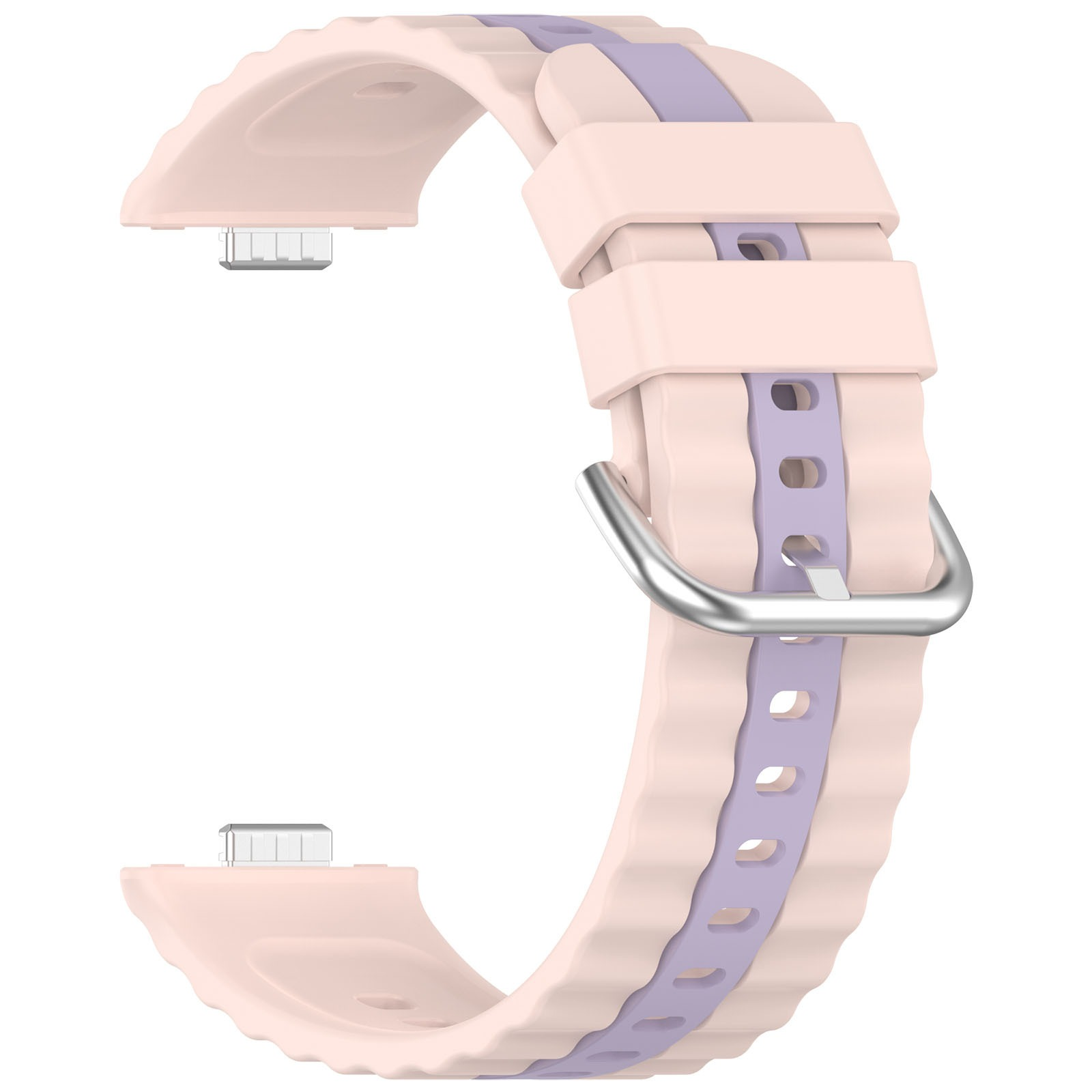 Un cinturino per orologio rosa chiaro e lavanda. Ha una fibbia argentata. Il cinturino ha bordi ondulati.