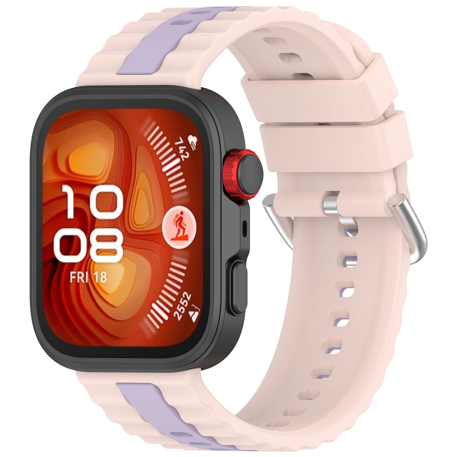 Smartwatch con cinturino rosa, cassa nera e display arancione che mostra l'ora e i dati di fitness. Pulsante rosso laterale.