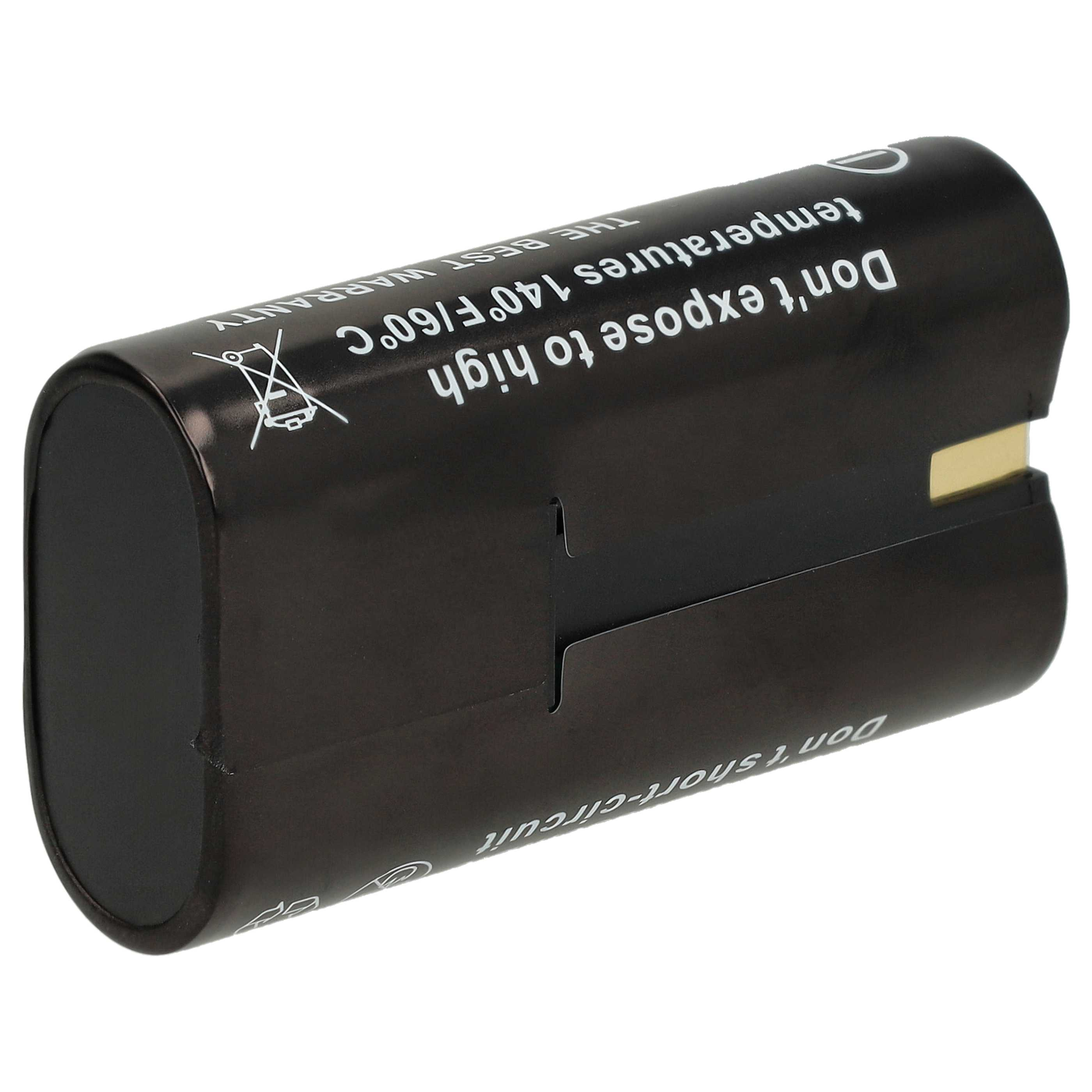 Schwarze zylindrische Batterie mit weißem Text: Nicht hohen Temperaturen aussetzen, 140°F/60°C, plus Warnungen.
