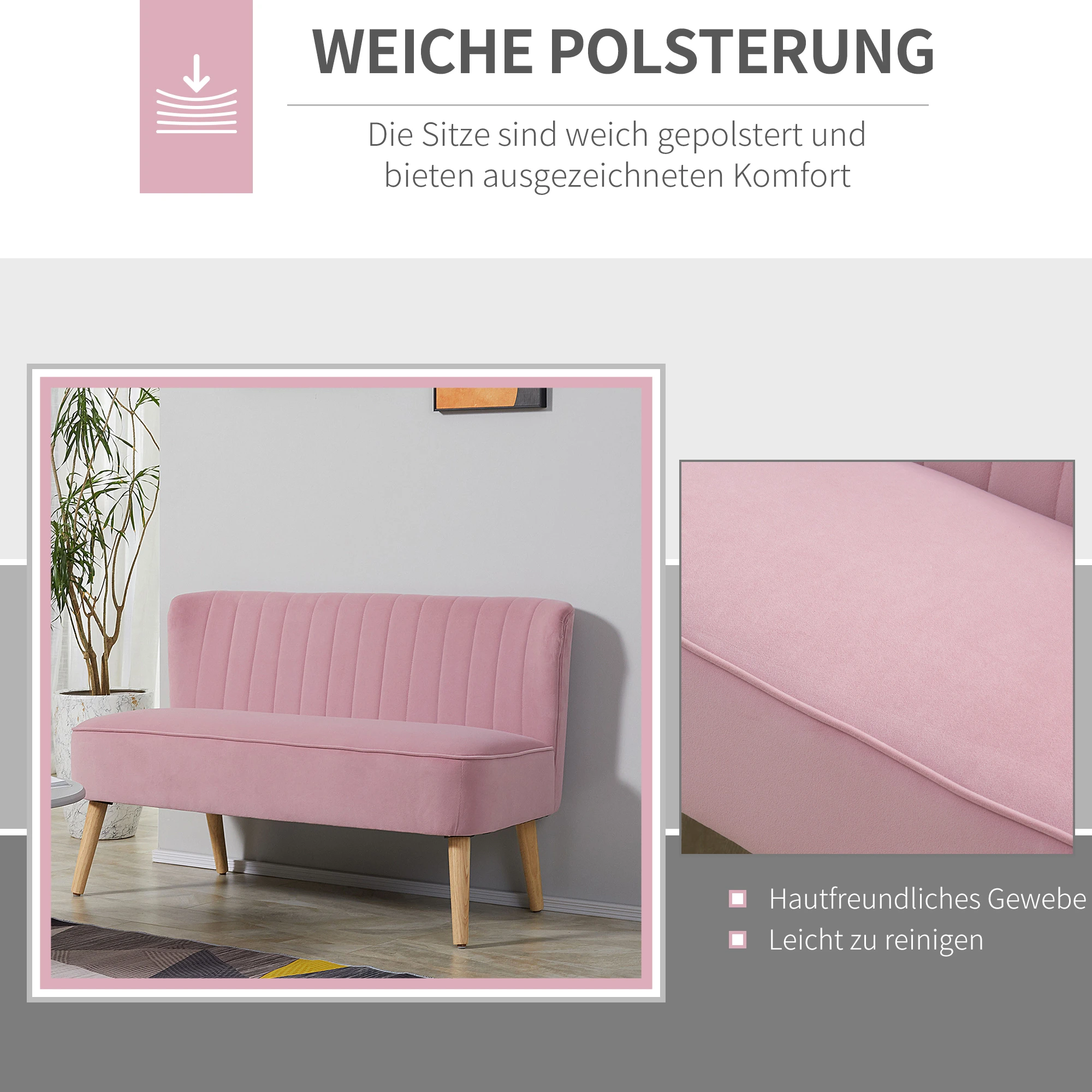 Rosa Sofa mit Holzbeinen. Es hat ein vertikales Rippendesign und steht vor einer weißen Wand mit einer Pflanze.