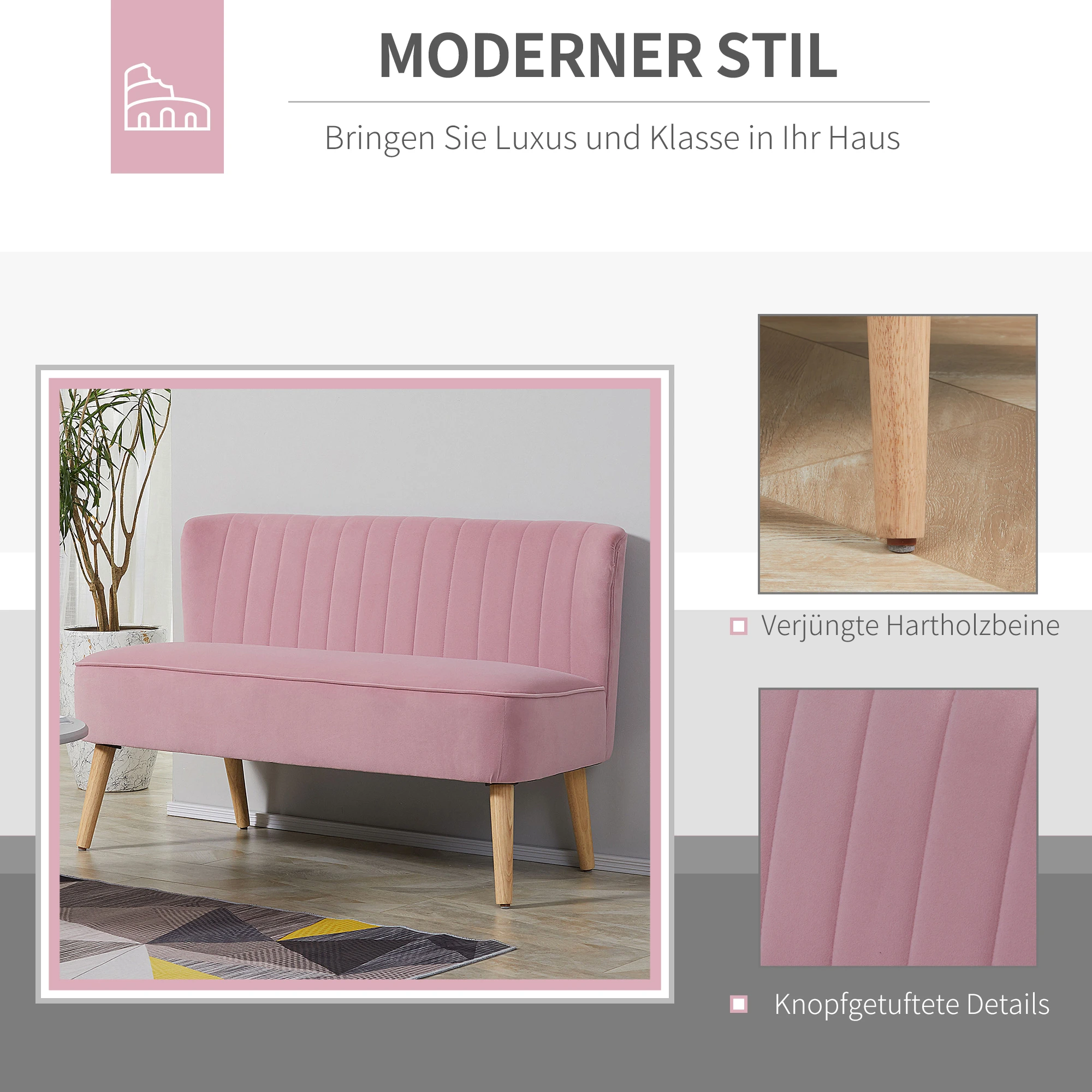 Eine rosa Samtbank mit Holzbeinen. Im Hintergrund eine Pflanze und ein gemusterter Teppich. Text: 'MODERNER STIL'.