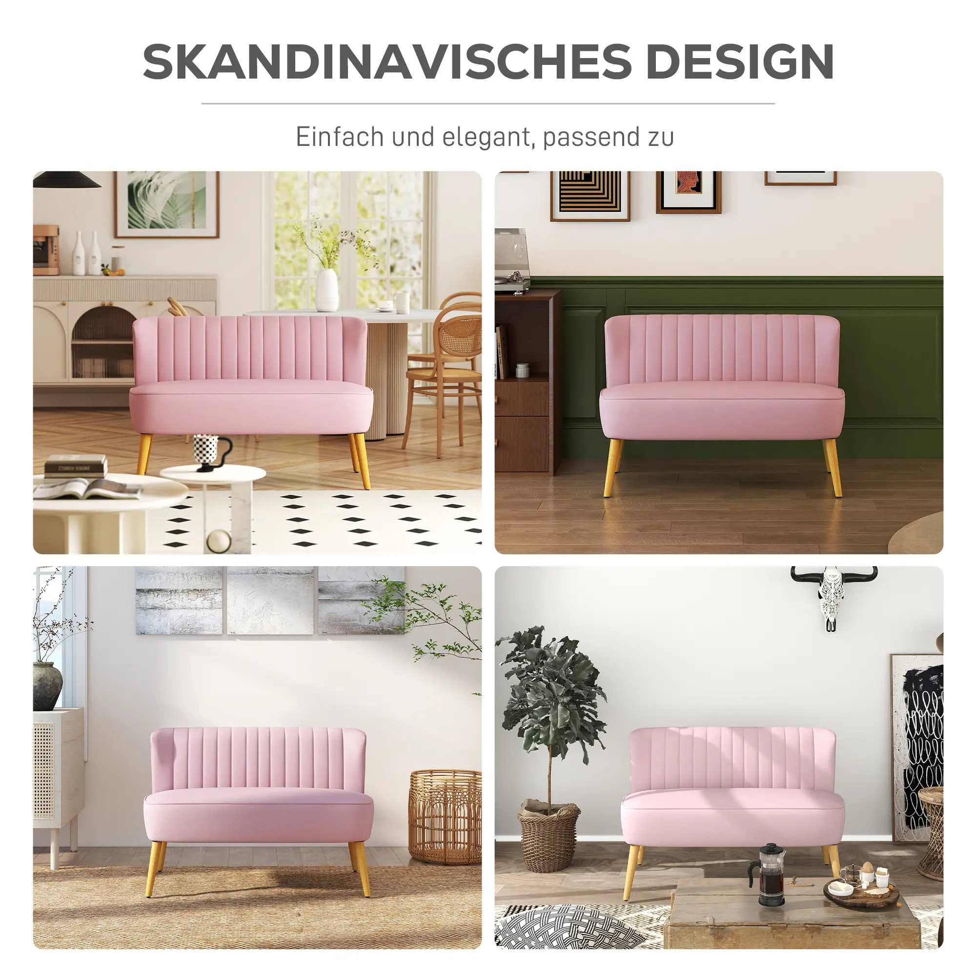Vier Bilder zeigen ein rosa Sofa in verschiedenen Innenräumen. Jede Szene hat einzigartige Dekorelemente und Hintergründe.