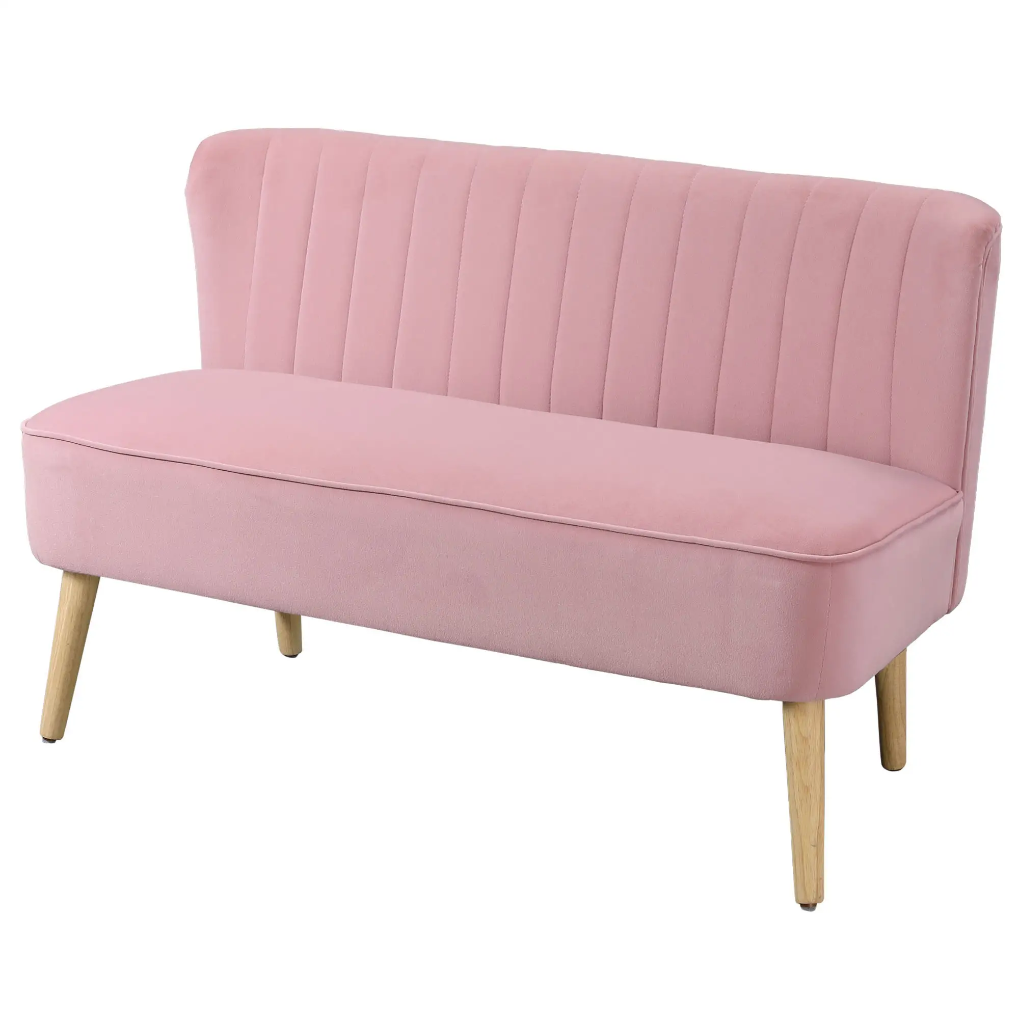 Ein rosafarbenes Samt-Loveseat mit Holzbeinen. Es hat eine getuftete Rückenlehne und ein schlichtes Design, vor weißem Hintergrund.