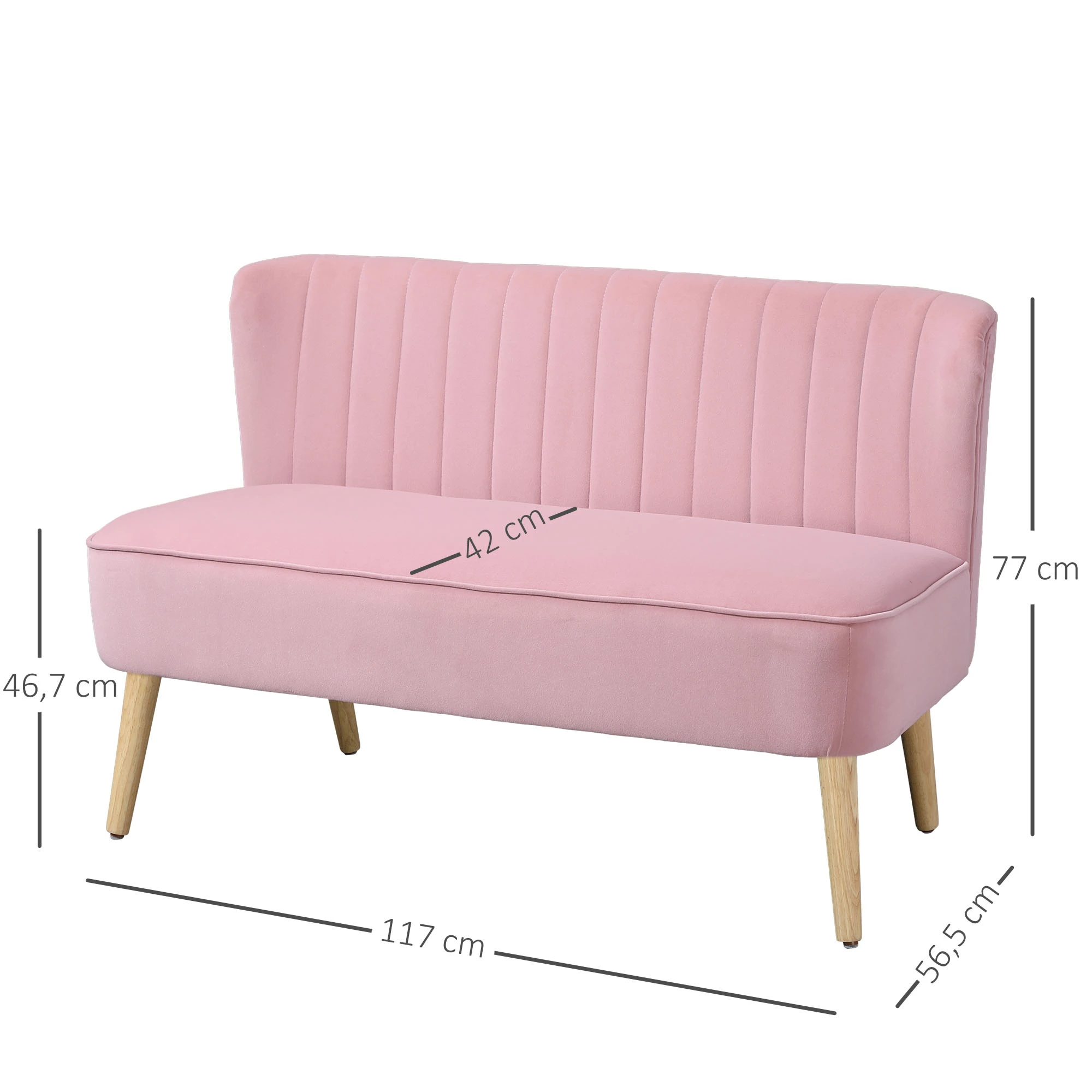 Ein rosafarbenes Samt-Liebesofa mit Holzbeinen. Abmessungen sind beschriftet.