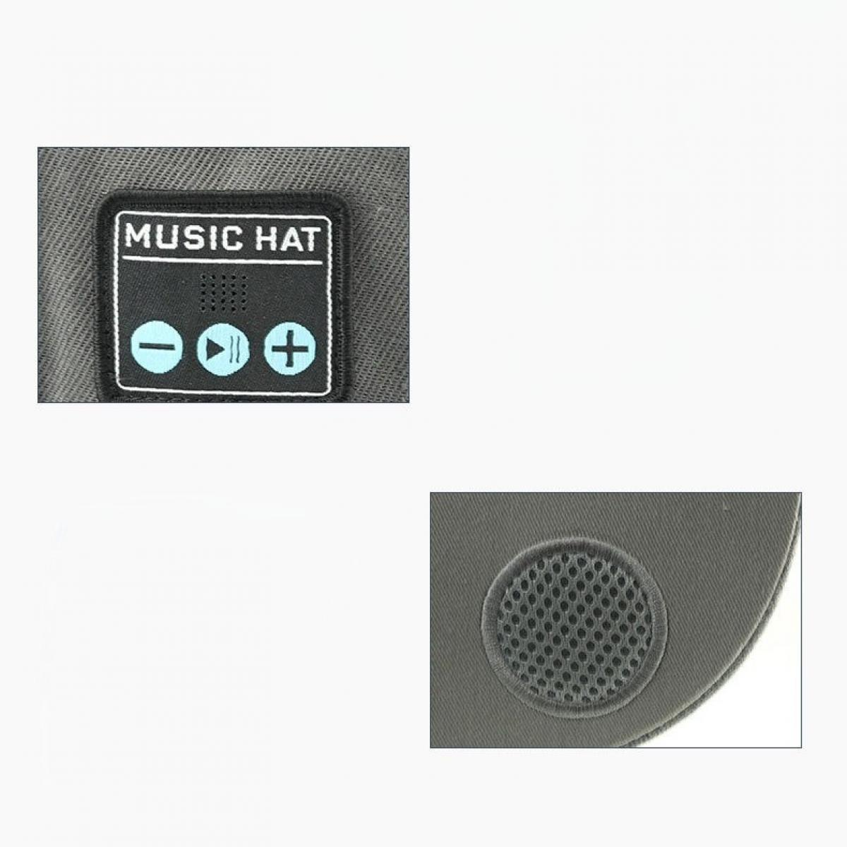 Nahaufnahme einer grauen Stoffmütze mit einem schwarzen Bedienfeld mit der Aufschrift 'MUSIC HAT'. Auch ein Lautsprecher.