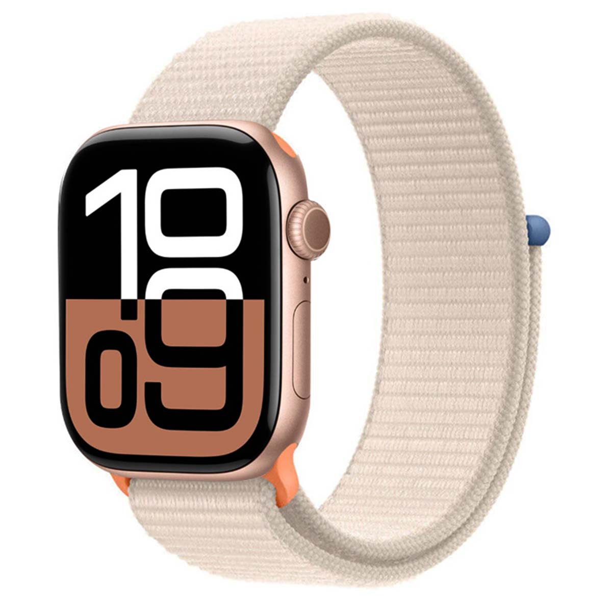 Un Apple Watch con cinturino beige mostra l'ora 10:09. L'orologio ha una cassa dorata con dettagli arancioni.