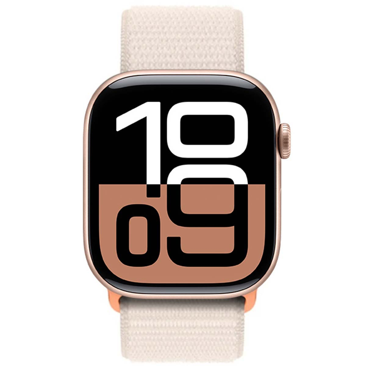Un Apple Watch dorato mostra l'ora 10:09. Ha un cinturino beige. Il quadrante è nero e marrone con numeri bianchi.