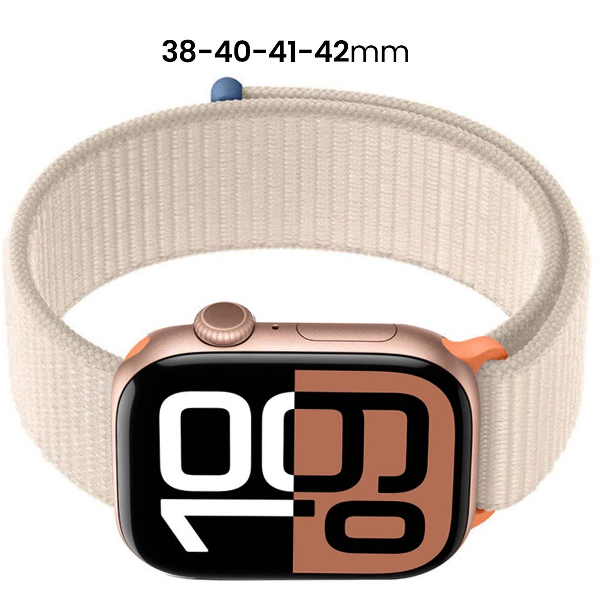 Apple Watch con cinturino in tessuto beige e cassa dorata. Il display mostra '10:00'. La dimensione dell'orologio è 38-40-41-42mm.